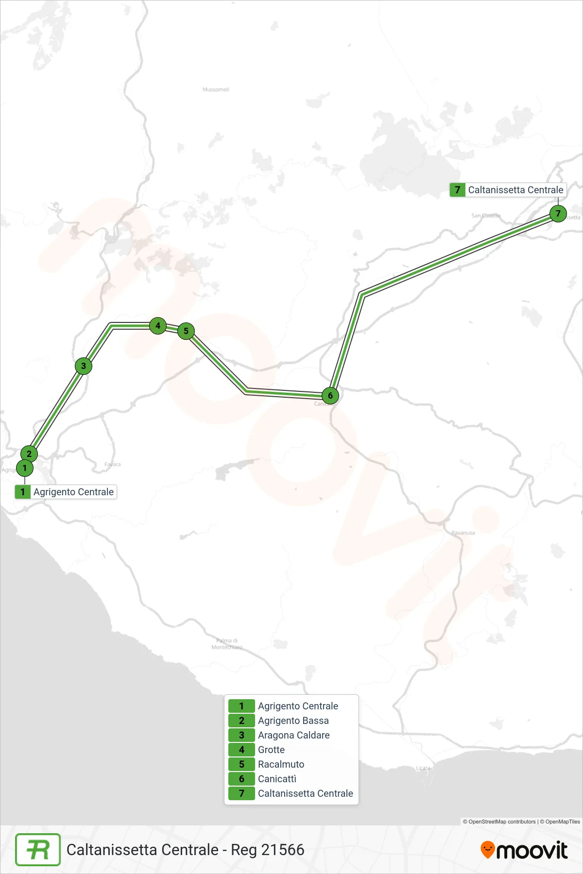 Linea REG  treno (Caltanissetta Centrale - Reg 21566) - Percorsi e fermate sulla mappa