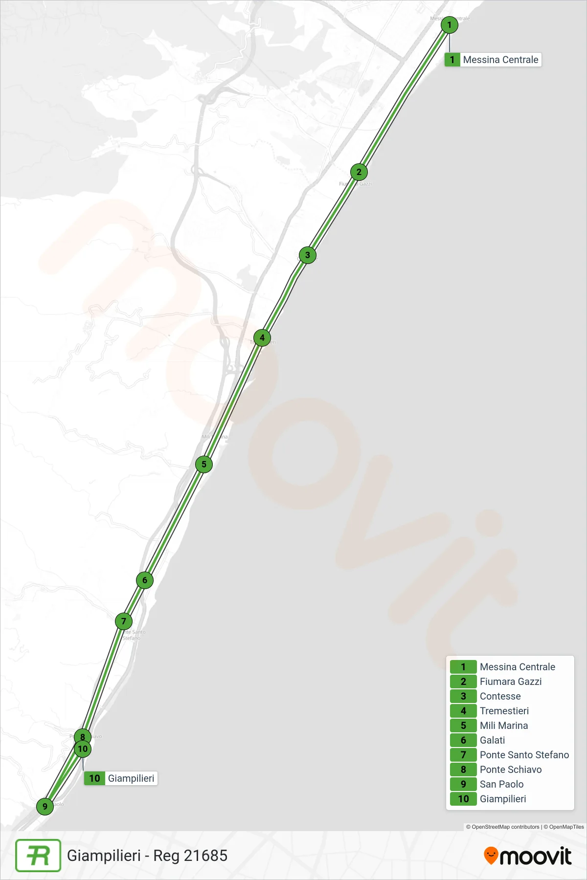 Linea REG  treno (Giampilieri - Reg 21685) - Percorsi e fermate sulla mappa