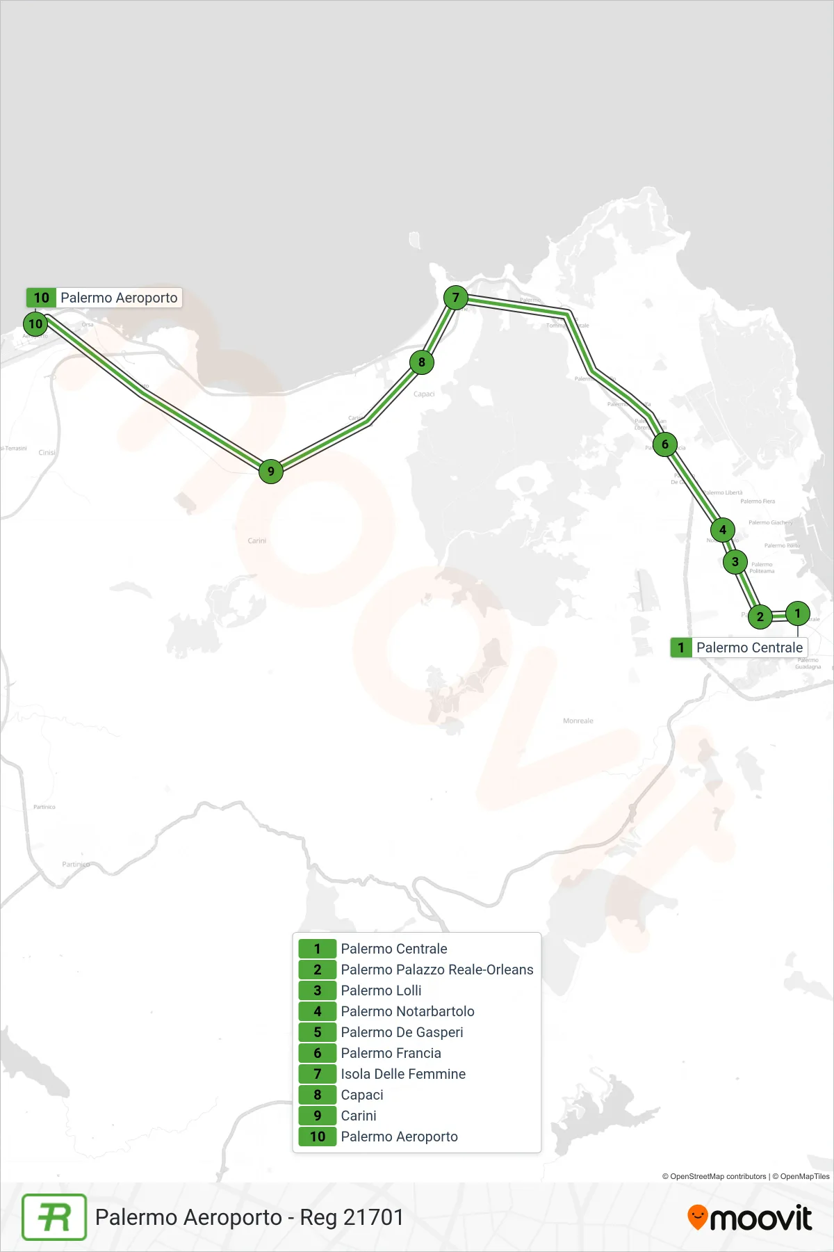 Linea REG treno (Palermo Aeroporto - Reg 21701) - Percorsi e fermate sulla mappa
