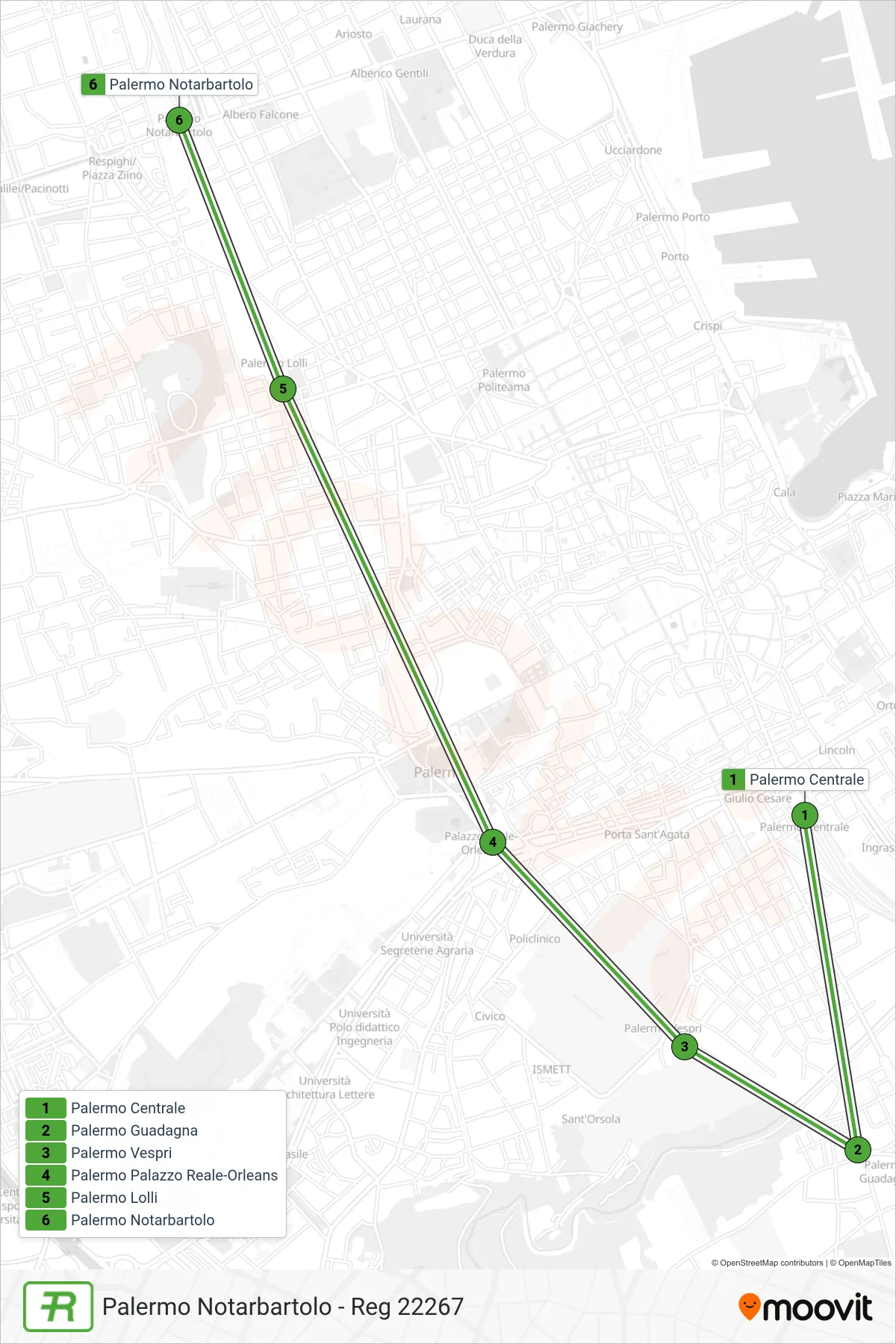 Linea REG treno (Palermo Notarbartolo - Reg 22267) - Percorsi e fermate sulla mappa