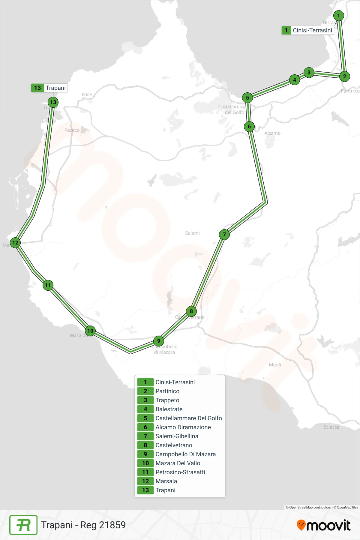 Linea REG  treno (Trapani - Reg 21859) - Percorsi e fermate sulla mappa