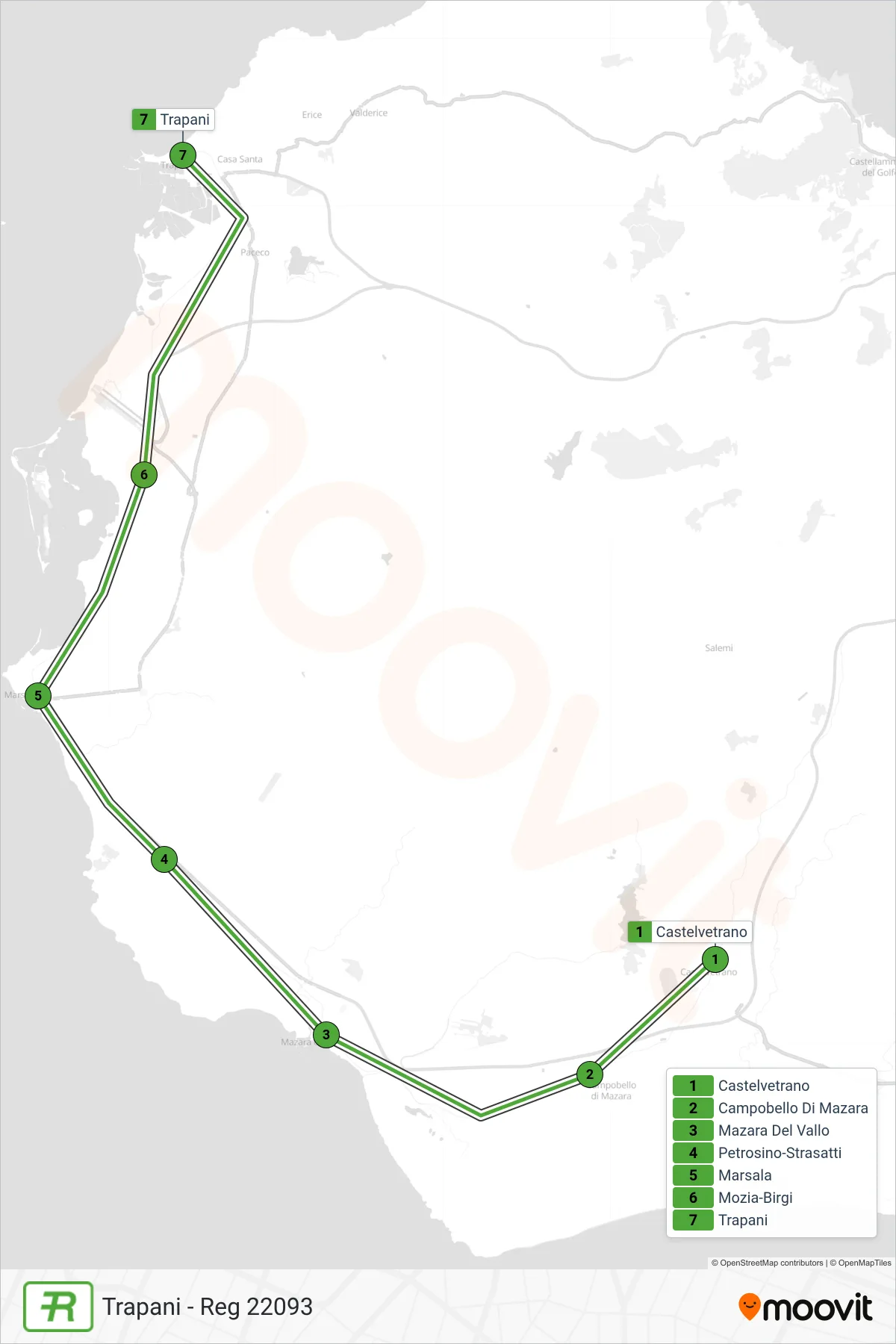 Linea REG treno (Trapani - Reg 22093) - Percorsi e fermate sulla mappa