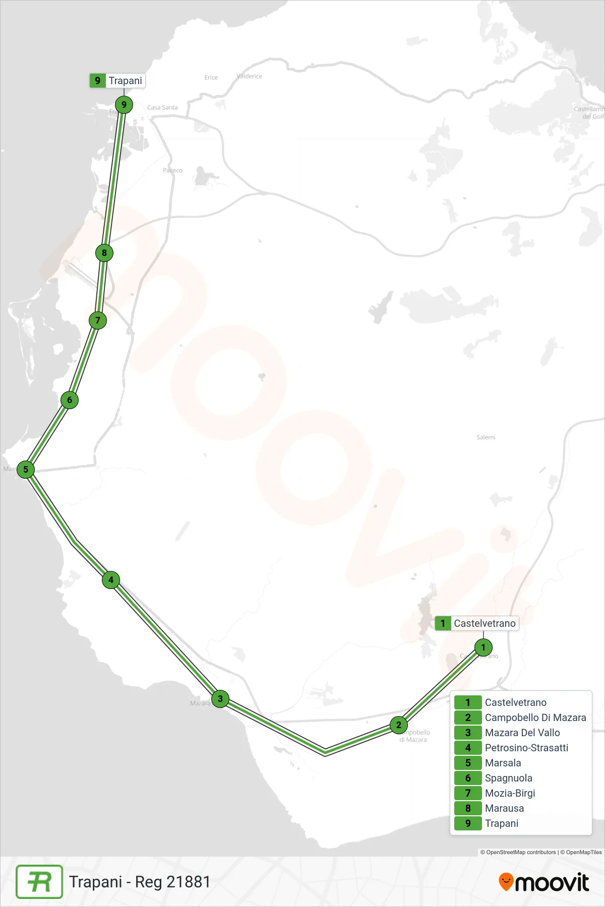 Linea REG treno (Trapani - Reg 21881) - Percorsi e fermate sulla mappa