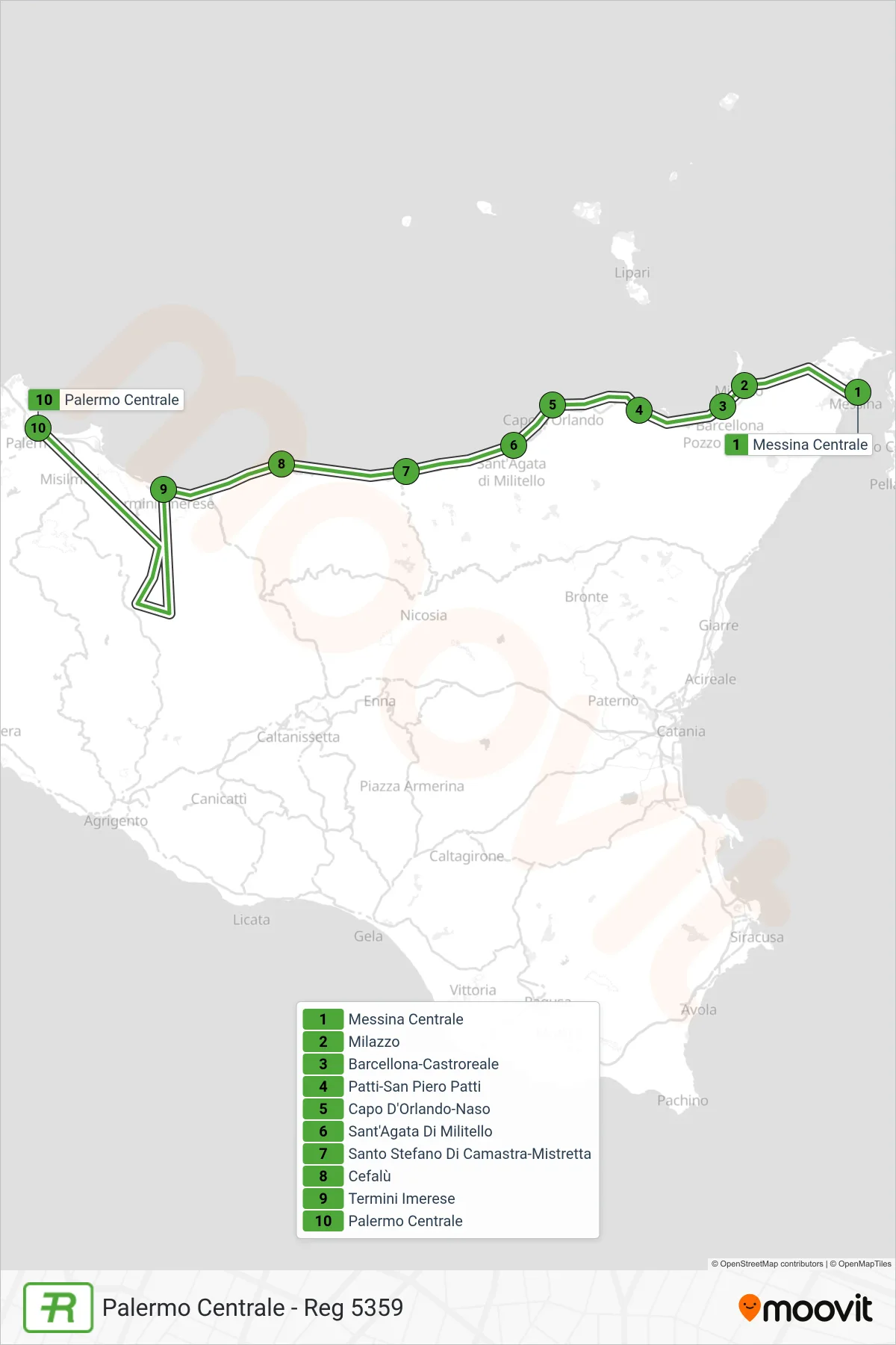 Linea REG  treno (Palermo Centrale - Reg 5359) - Percorsi e fermate sulla mappa