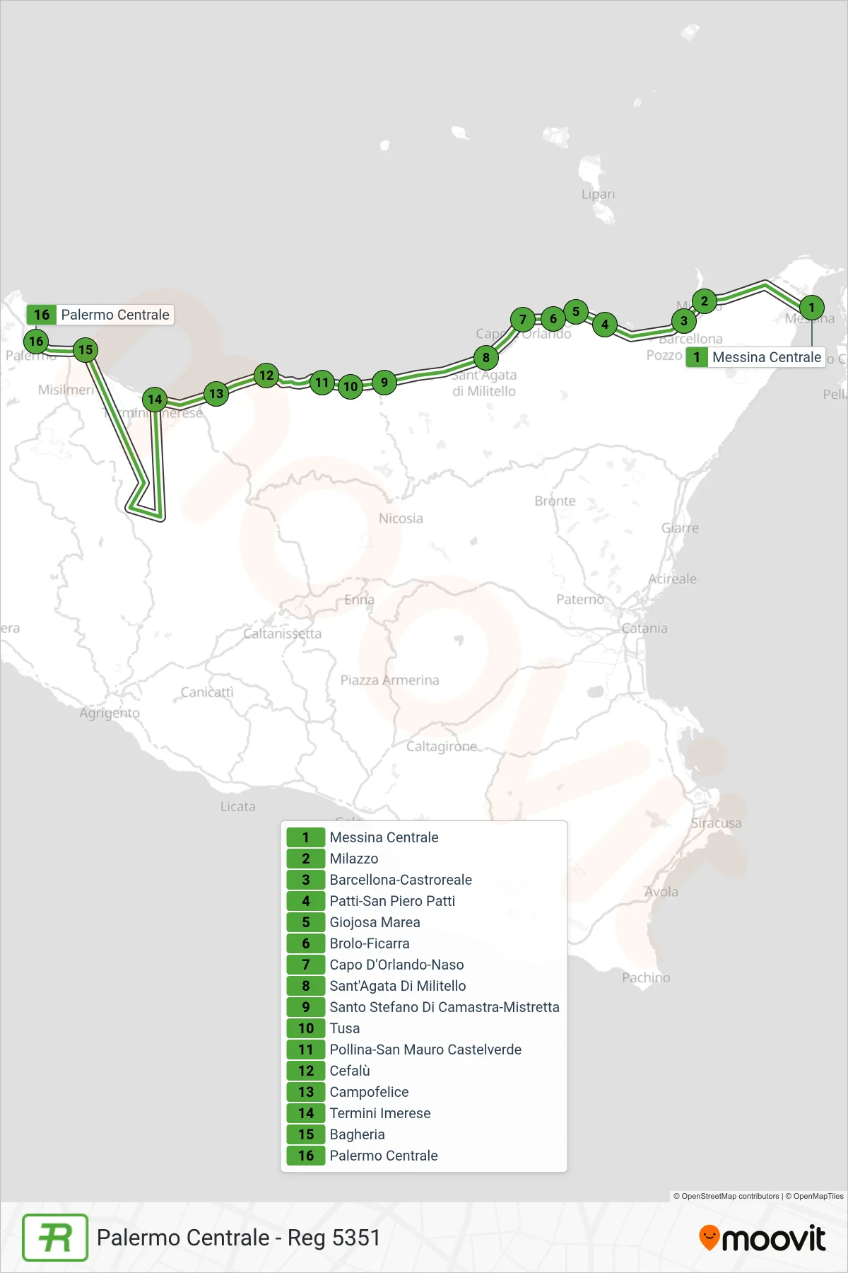 Linea REG  treno (Palermo Centrale - Reg 5351) - Percorsi e fermate sulla mappa