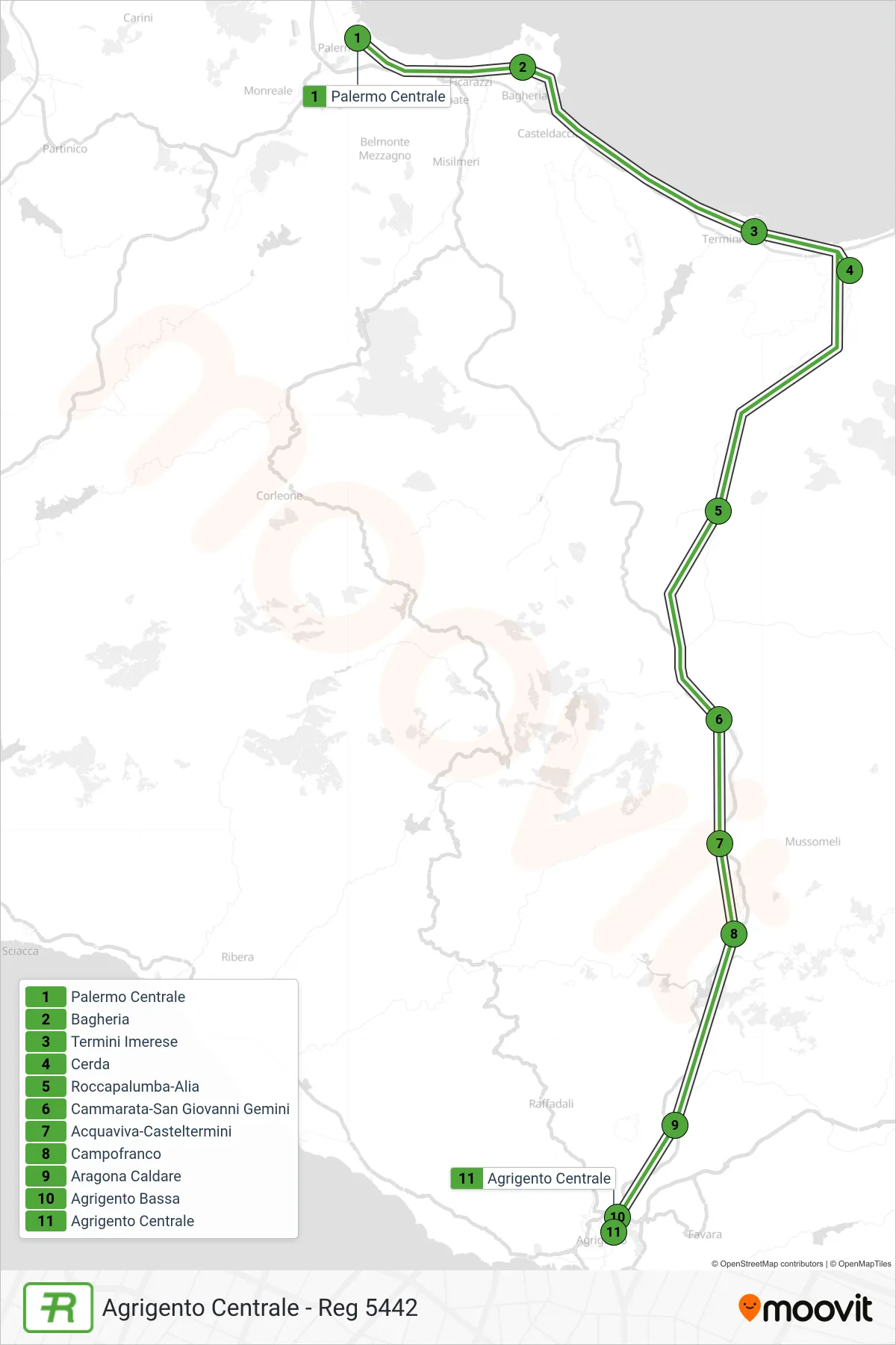 Linea REG  treno (Agrigento Centrale - Reg 5442) - Percorsi e fermate sulla mappa