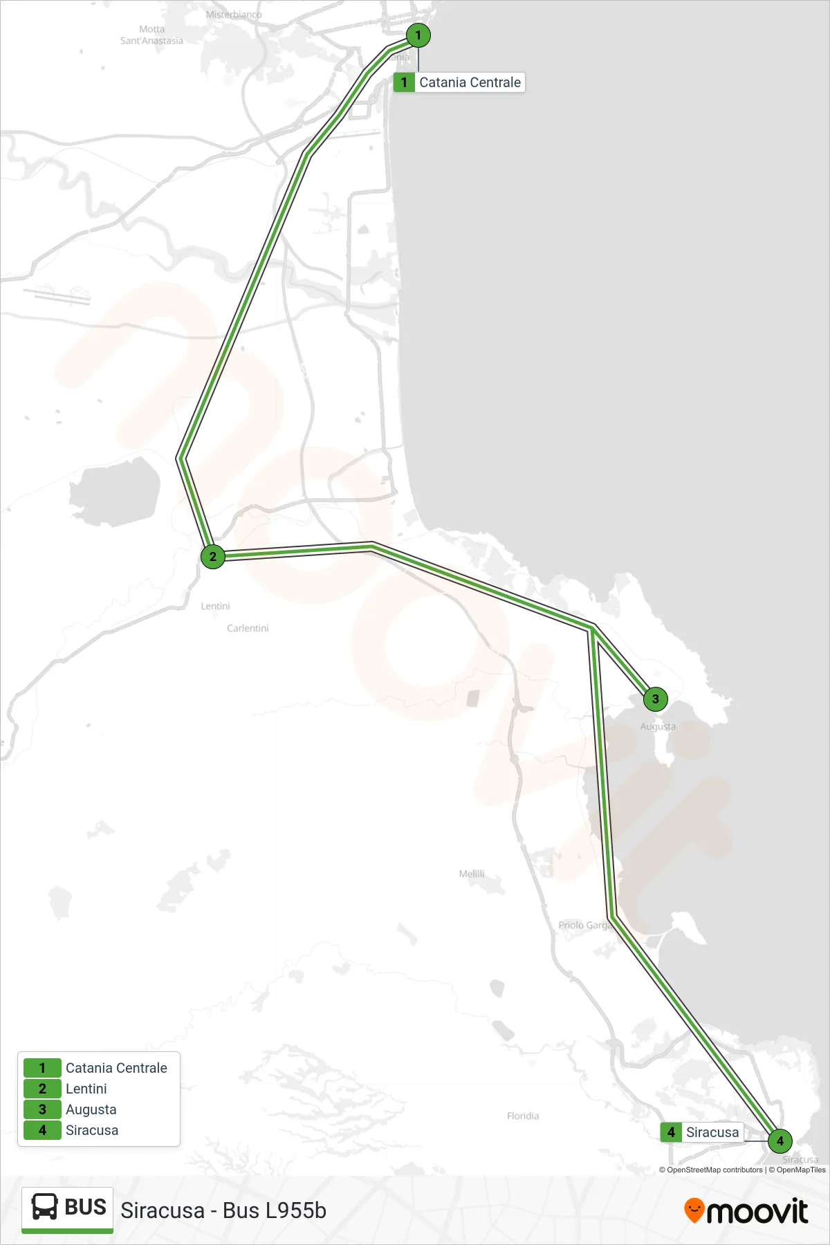 Bus bus Line (Siracusa - Bus L955b) route and stops on a map