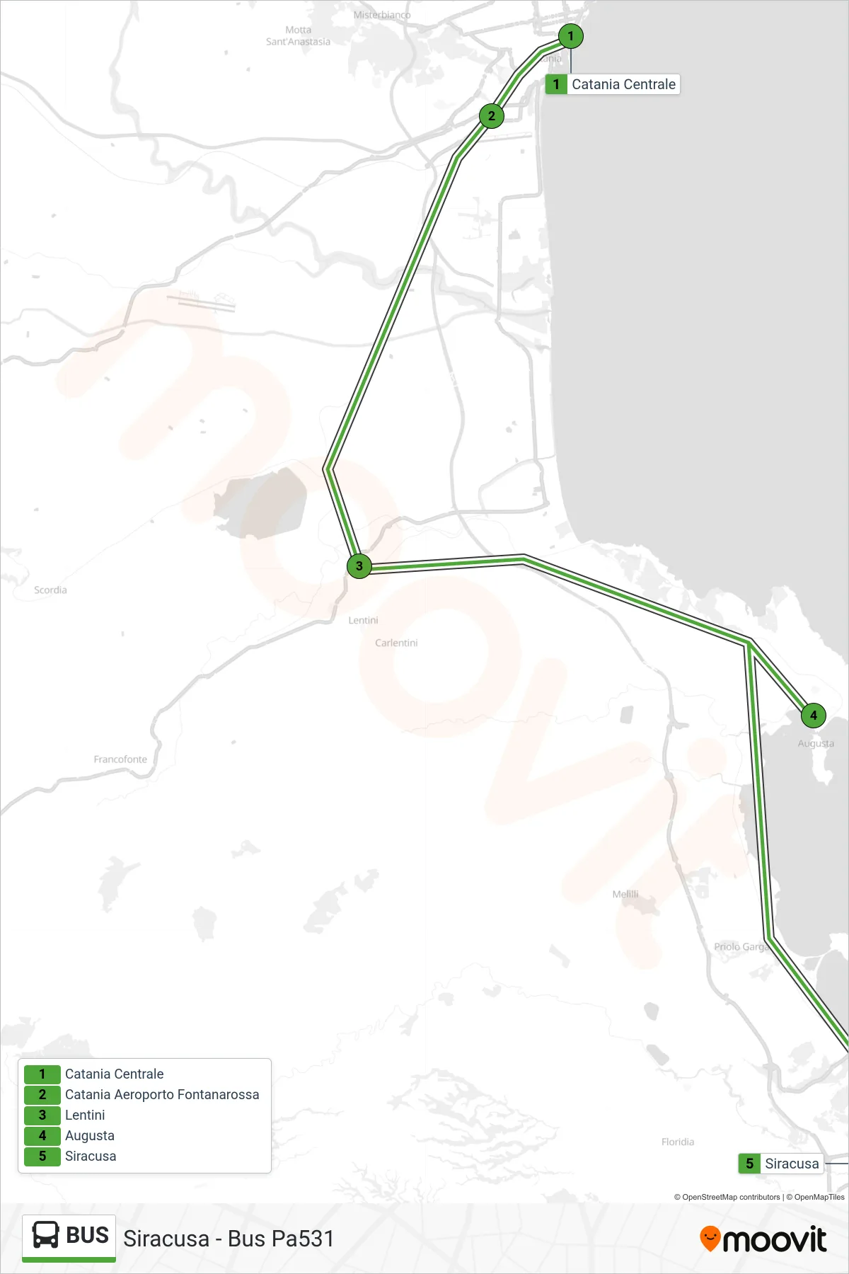 Bus bus Line (Siracusa - Bus Pa531) route and stops on a map