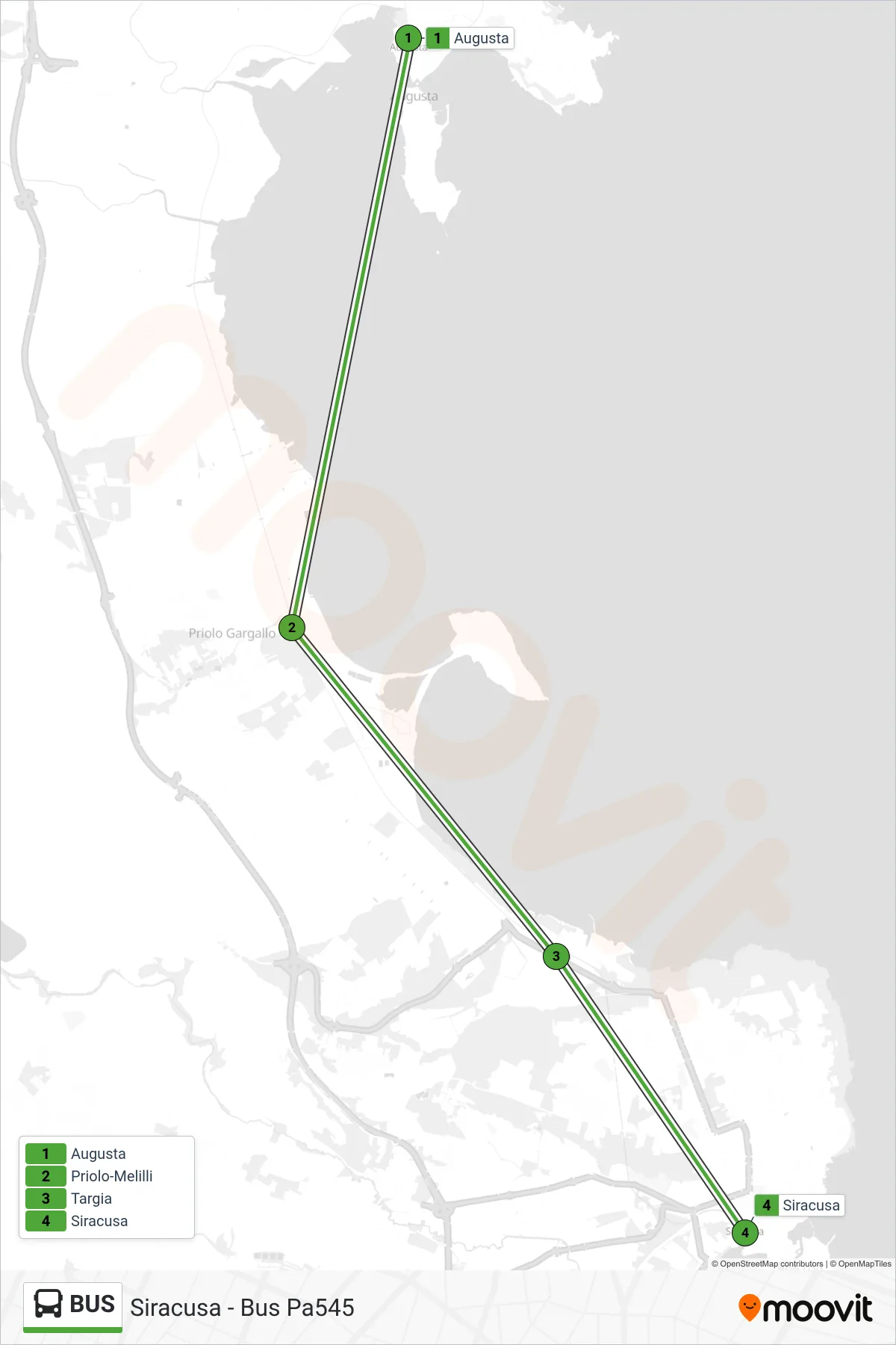 Bus bus Line (Siracusa - Bus Pa545) route and stops on a map