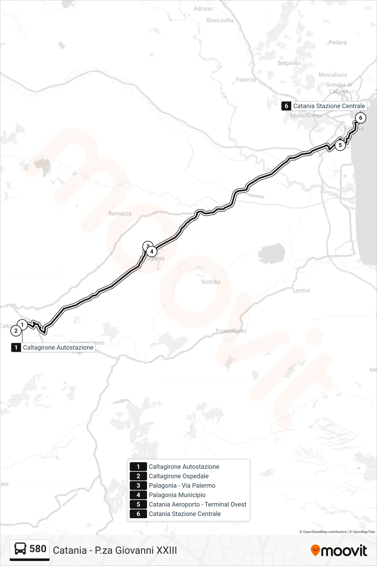 Linea 580 bus (Catania - P.za Giovanni XXIII) - Percorsi e fermate sulla mappa