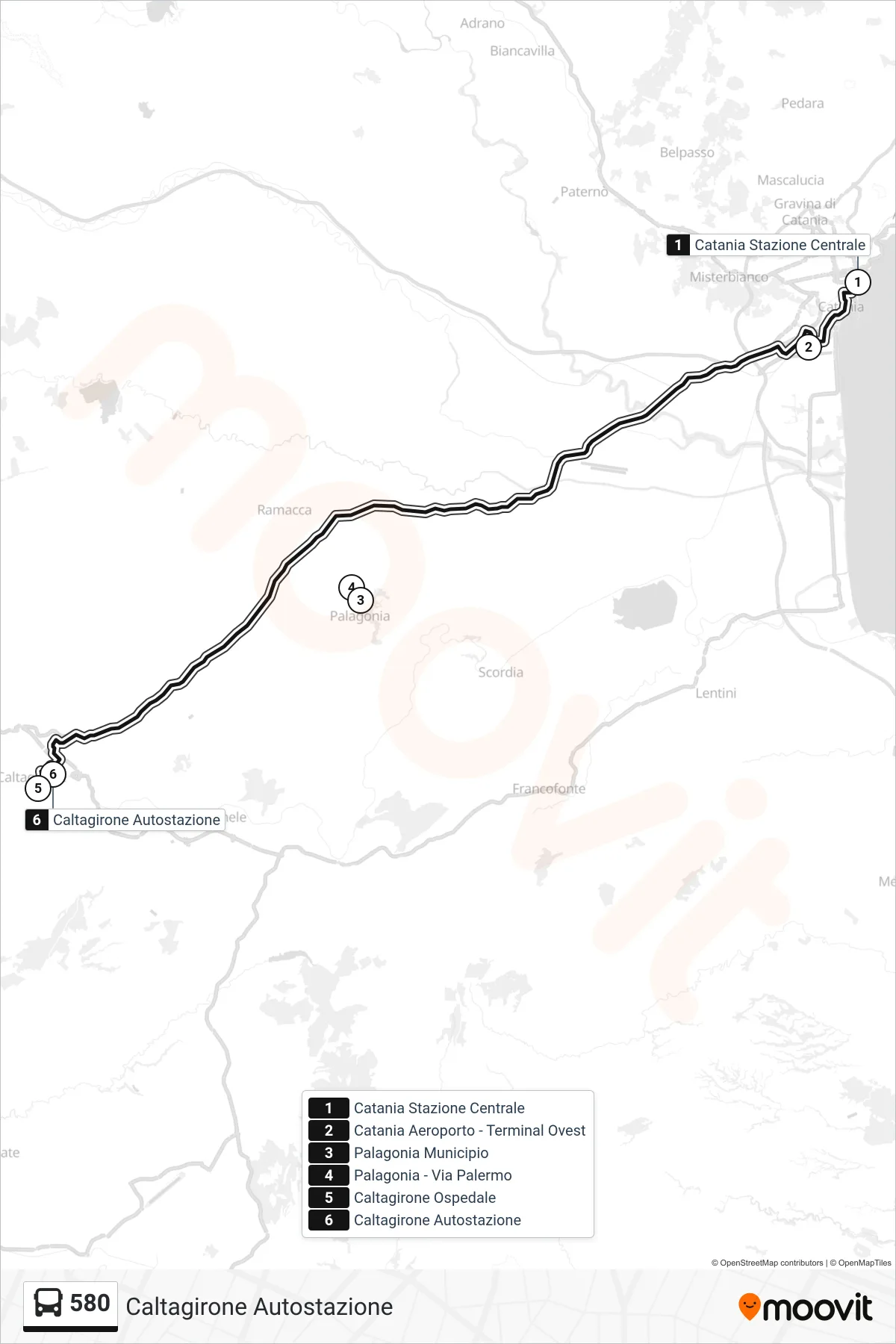 Linea 580 bus (Caltagirone Autostazione) - Percorsi e fermate sulla mappa