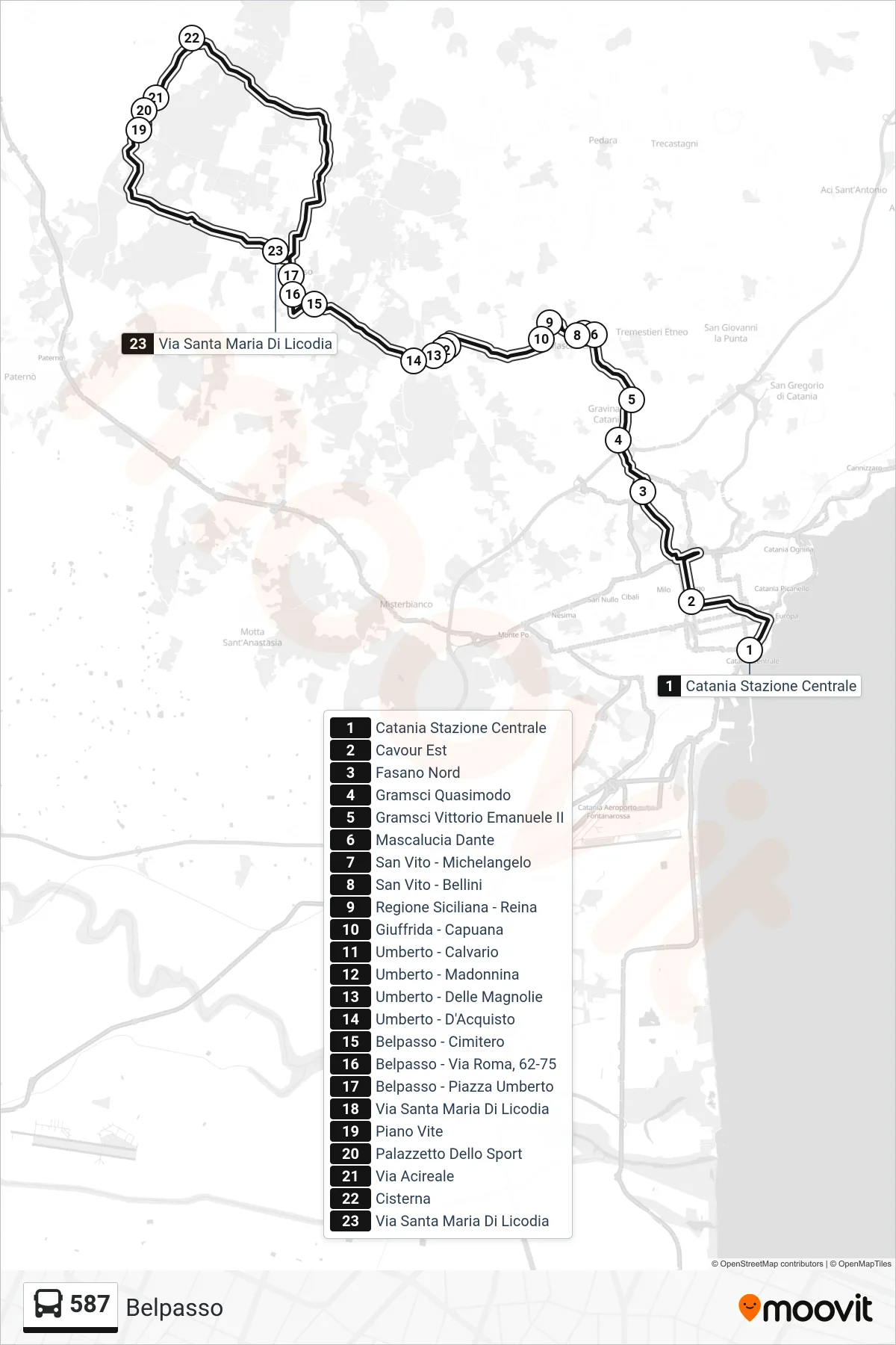 Linea 587 bus (Belpasso) - Percorsi e fermate sulla mappa