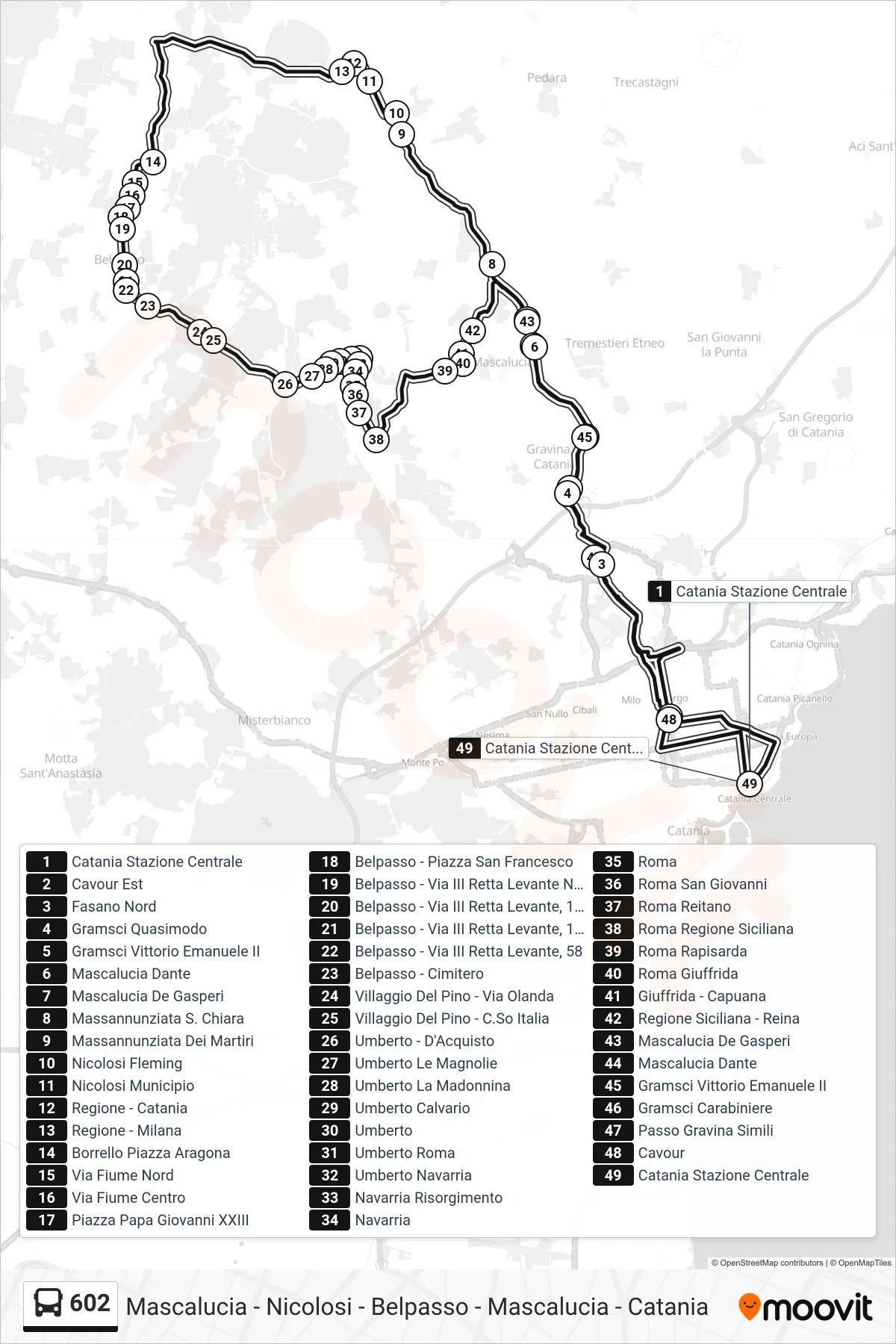 602 bus Line (Mascalucia - Nicolosi - Belpasso - Mascalucia - Catania) route and stops on a map