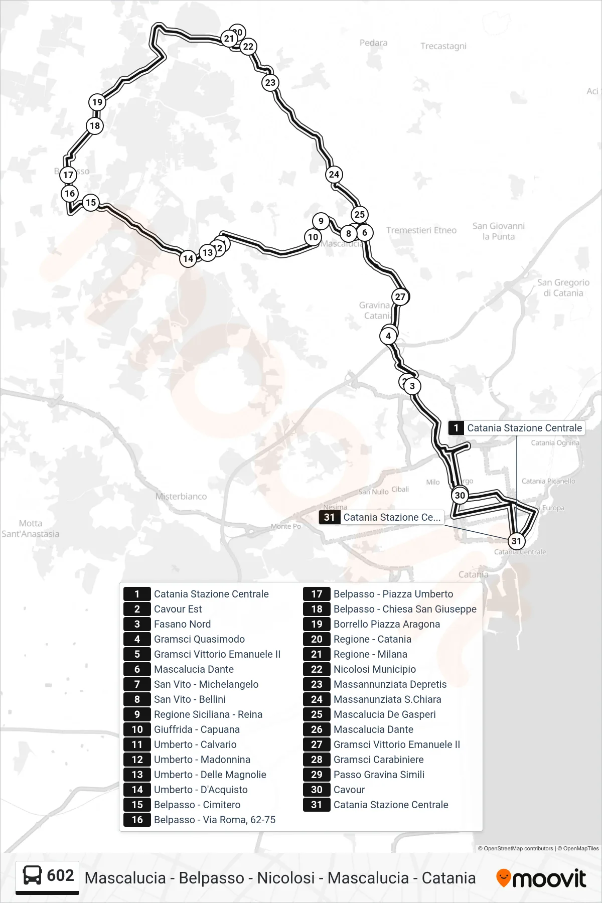 Linea 602 bus (Mascalucia - Belpasso - Nicolosi - Mascalucia - Catania) - Percorsi e fermate sulla mappa