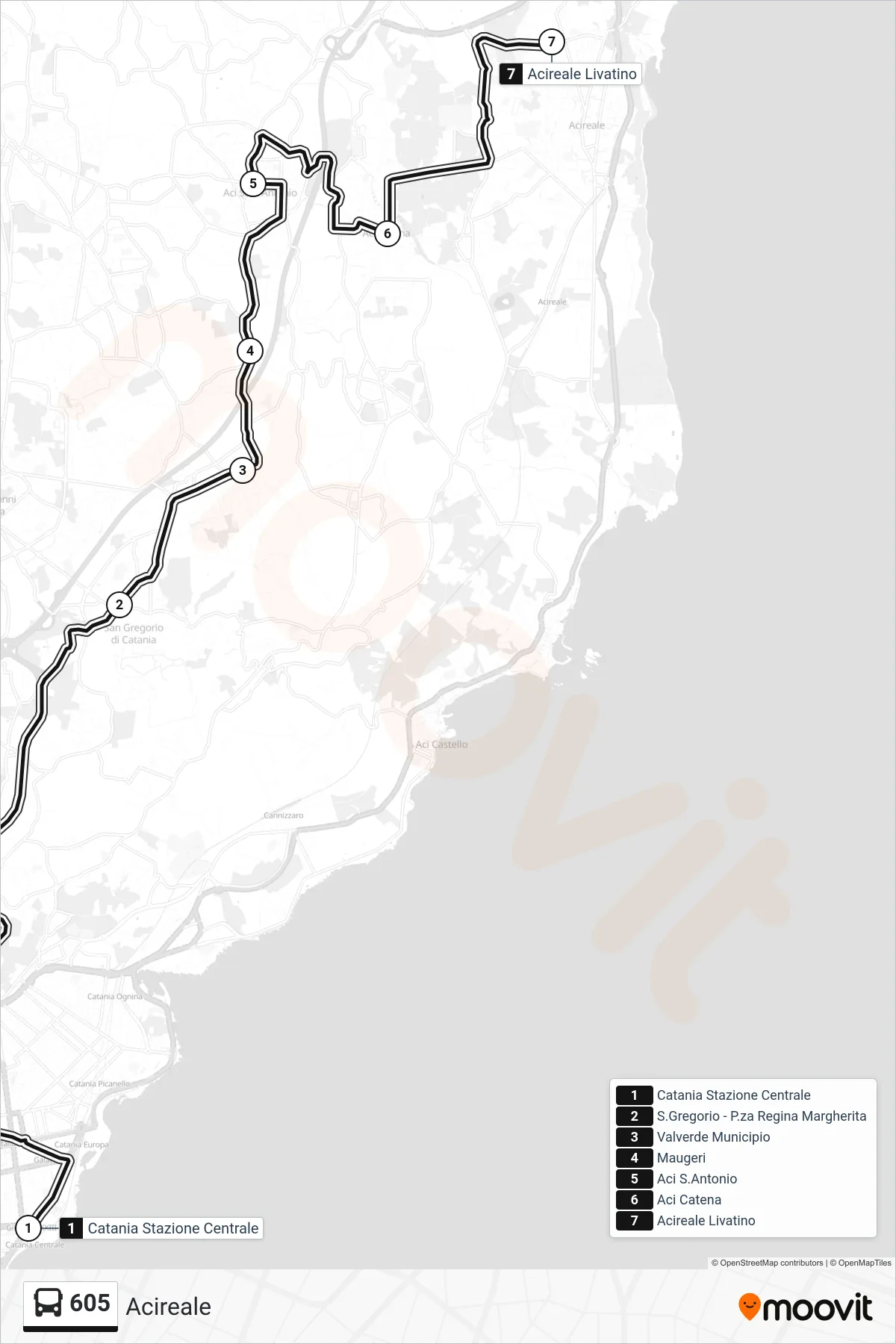 Linea 605 bus (Acireale) - Percorsi e fermate sulla mappa