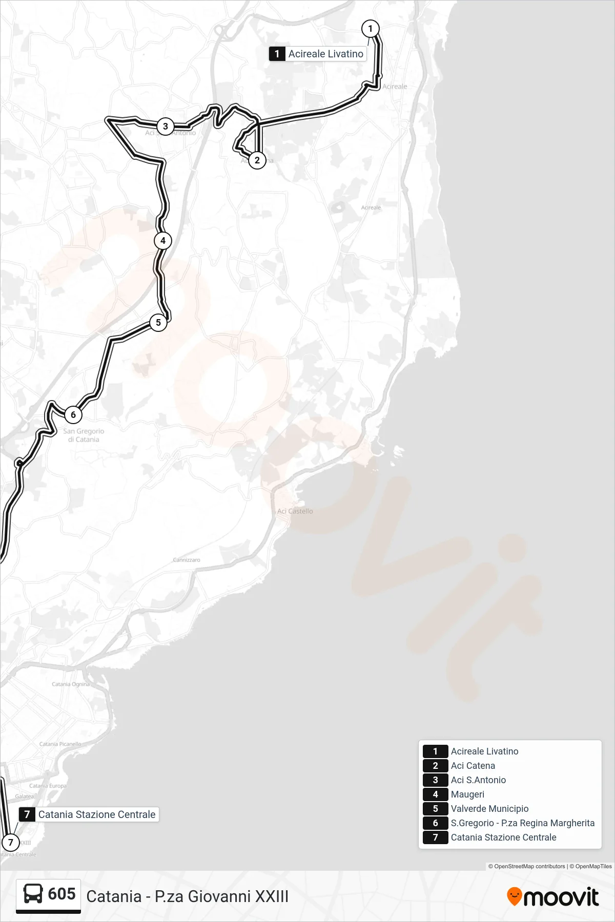 Linea 605 bus (Catania - P.za Giovanni XXIII) - Percorsi e fermate sulla mappa