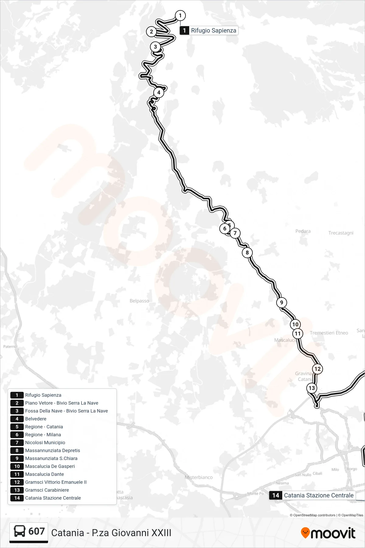 Linea 607 bus (Catania - P.za Giovanni XXIII) - Percorsi e fermate sulla mappa
