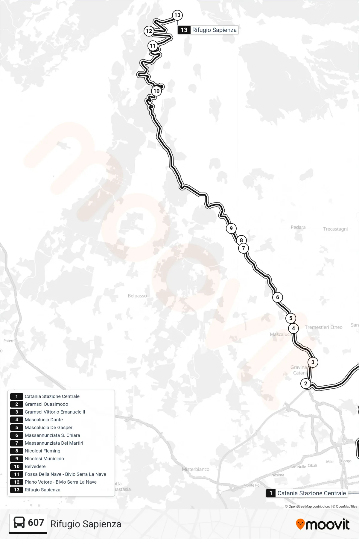 Linea 607 bus (Rifugio Sapienza) - Percorsi e fermate sulla mappa