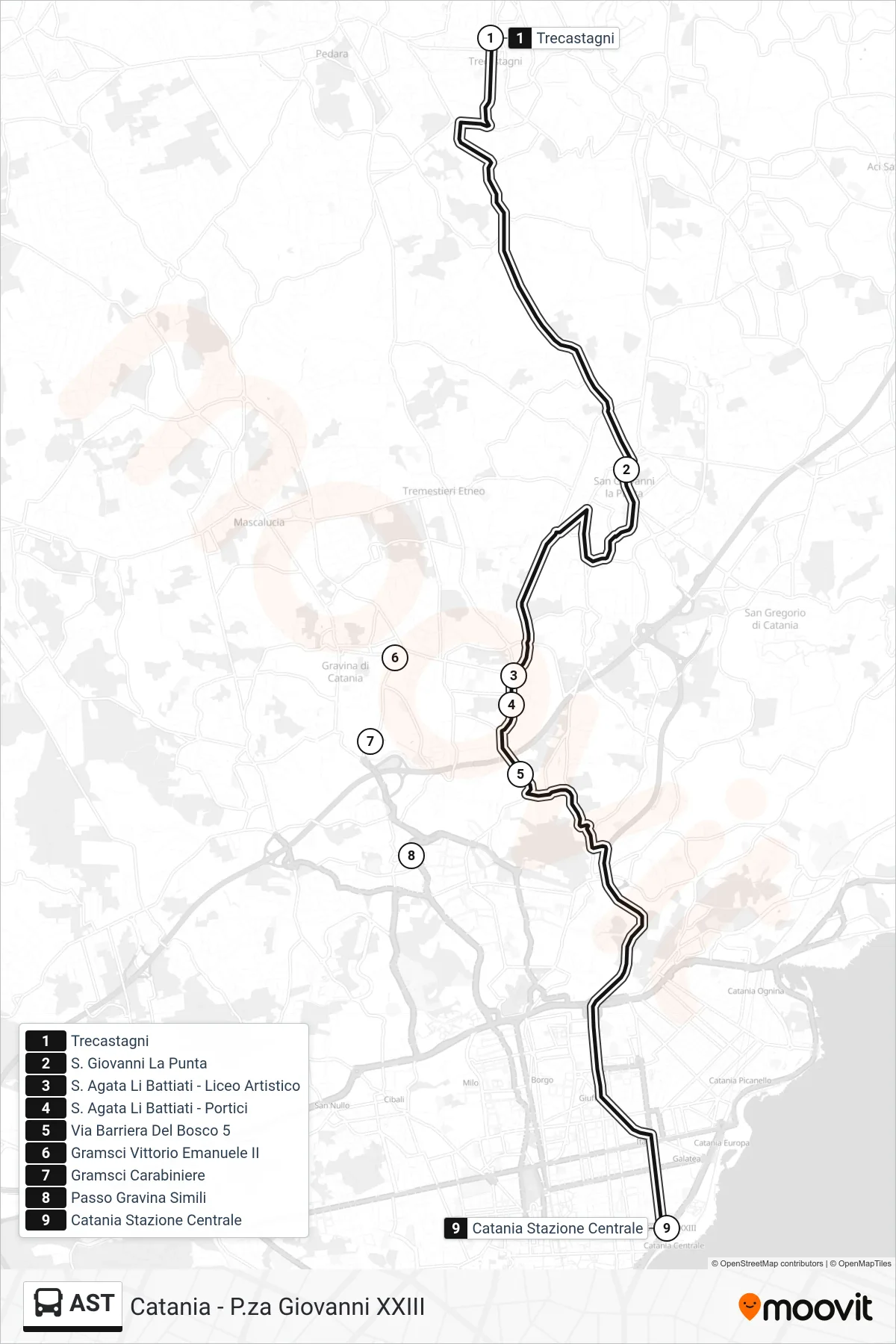 Linea AST bus (Catania - P.za Giovanni XXIII) - Percorsi e fermate sulla mappa