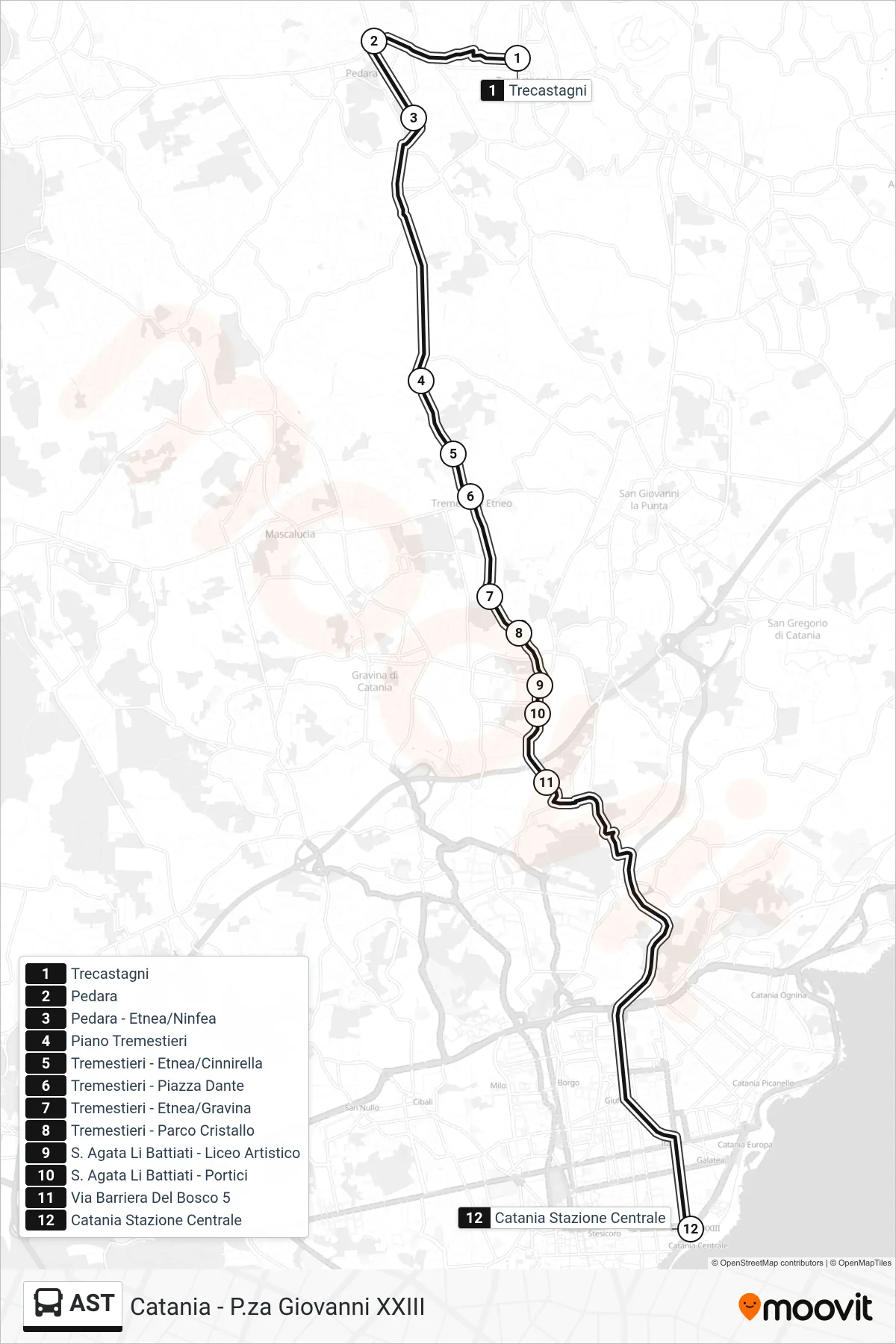 AST bus Line (Catania Piazza Giovanni XXIII) route and stops on a map