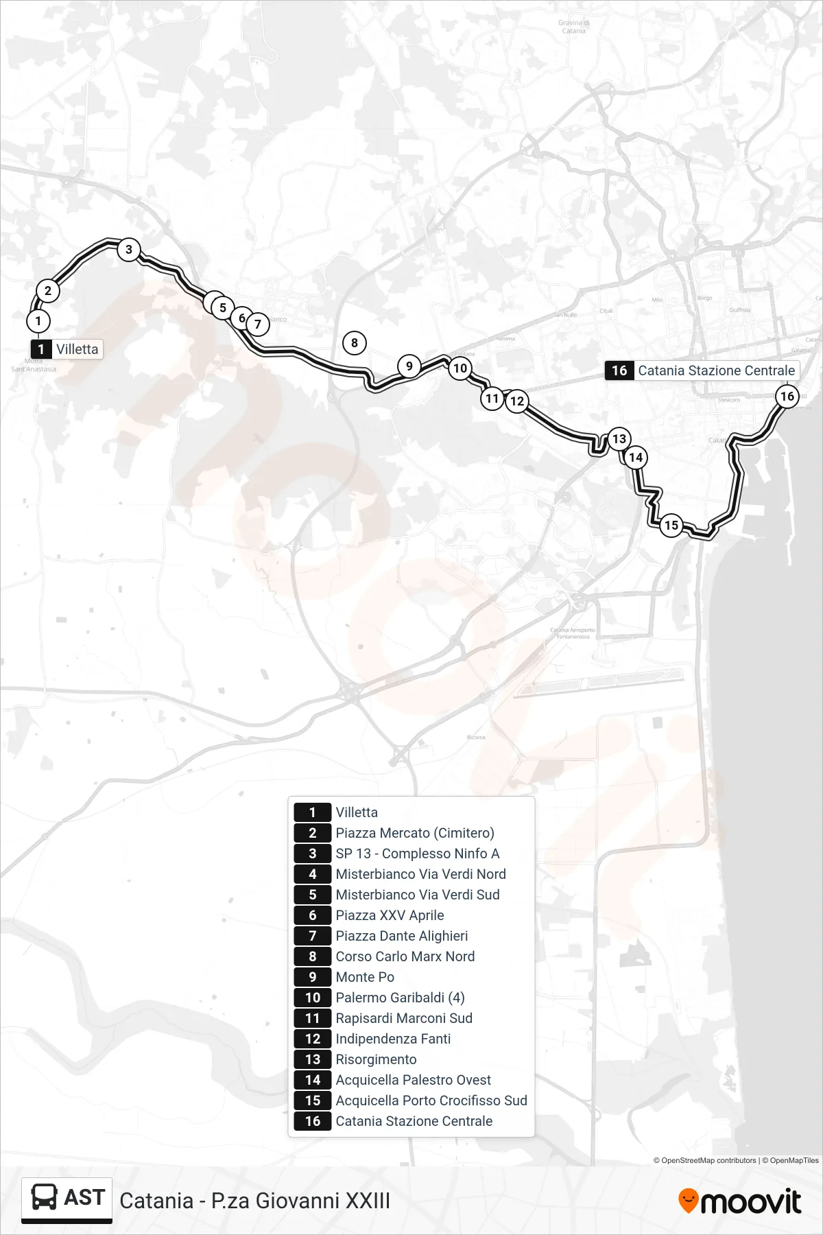 Linea AST bus (Catania - P.za Giovanni XXIII) - Percorsi e fermate sulla mappa
