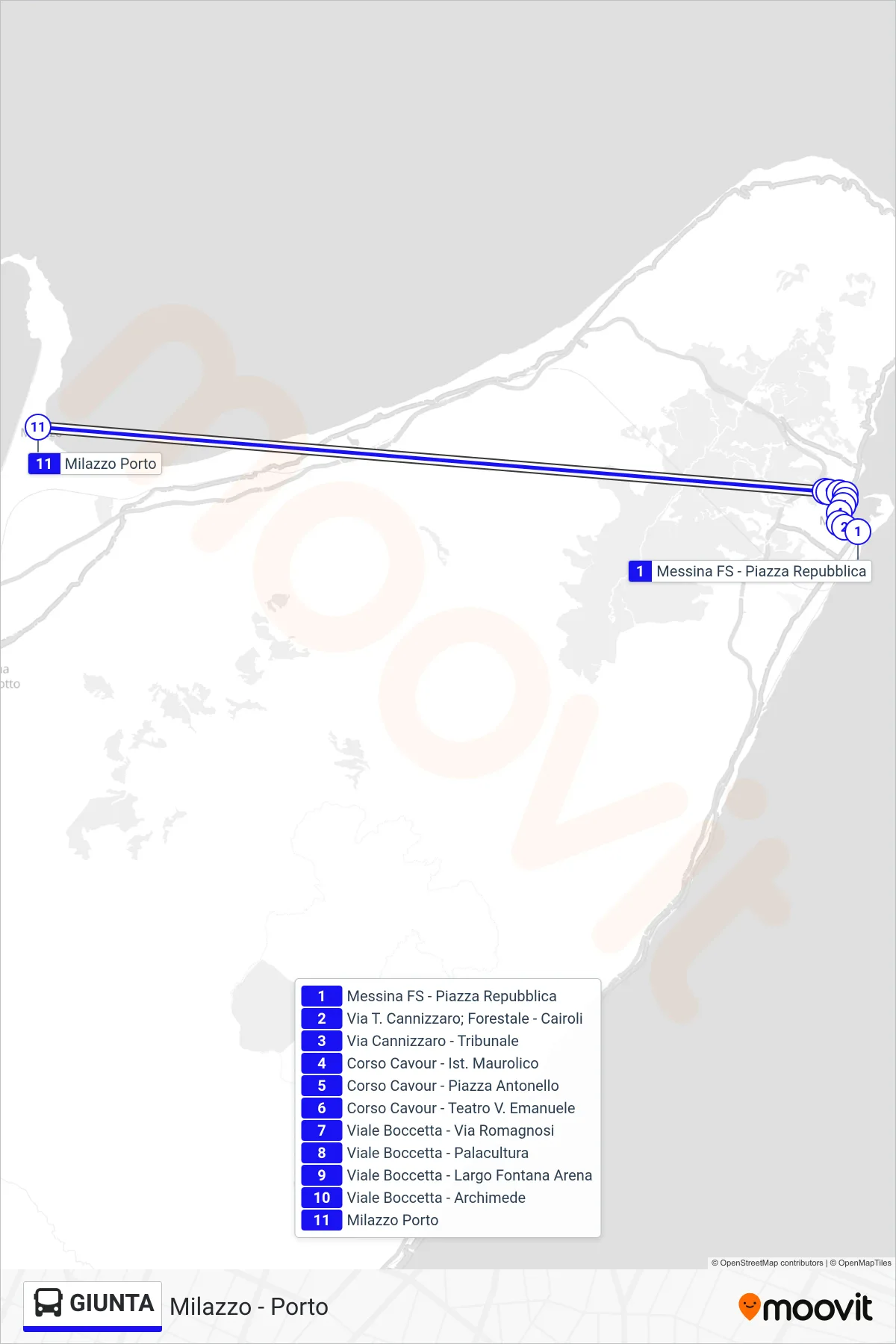 Linea GIUNTA bus (Milazzo - Porto) - Percorsi e fermate sulla mappa