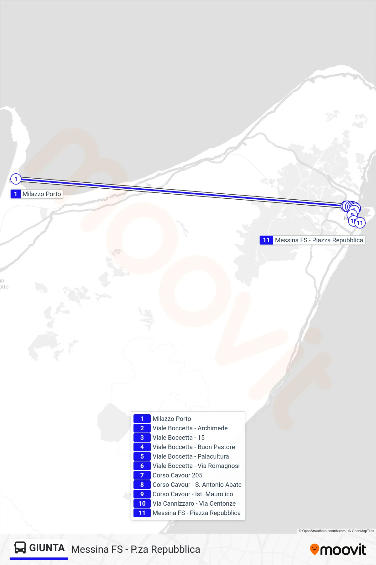 Linea GIUNTA  bus (Messina FS - P.za Repubblica) - Percorsi e fermate sulla mappa
