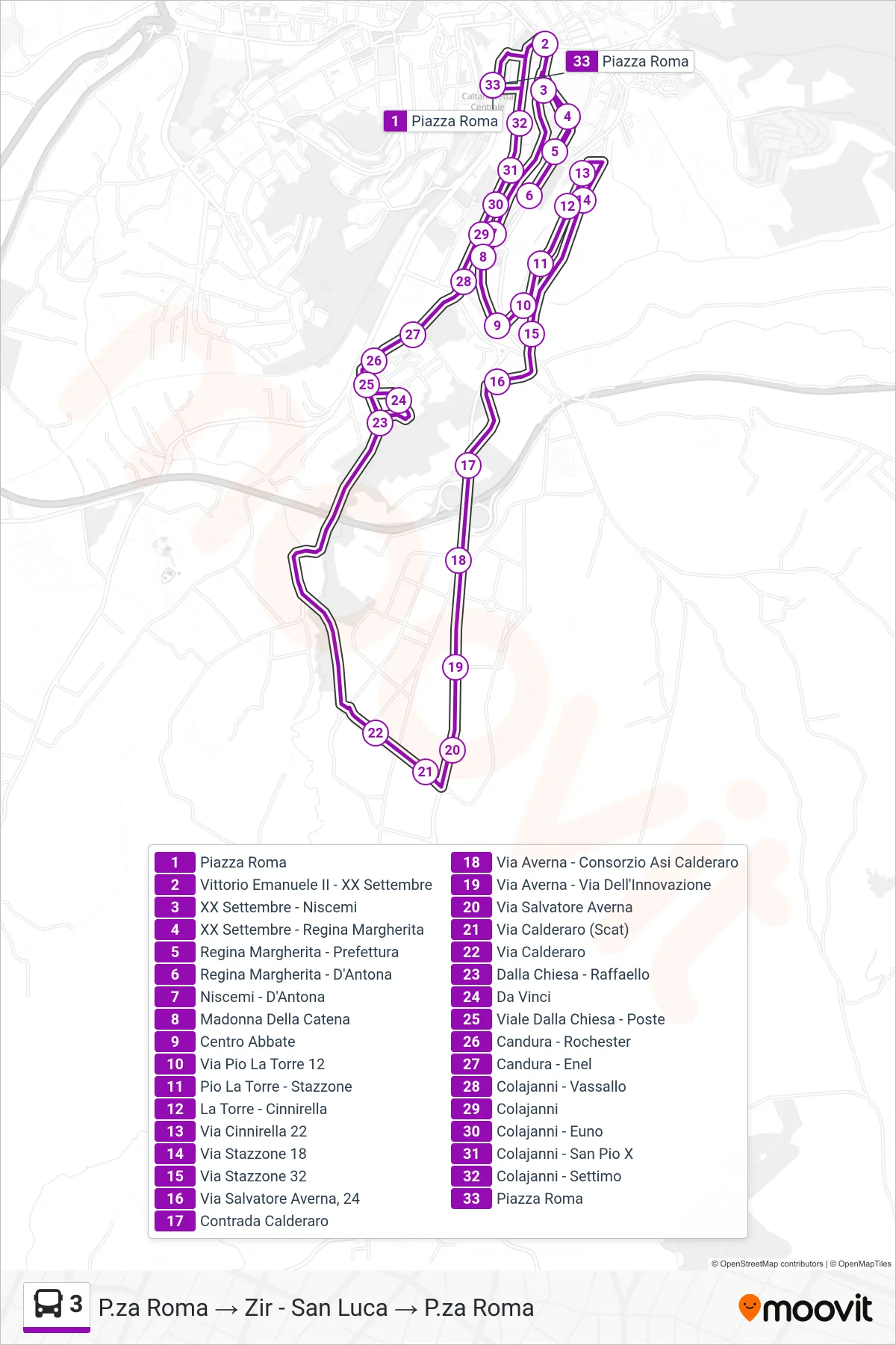 Linea 3 bus (P.za Roma → Zir - San Luca → P.za Roma) - Percorsi e fermate sulla mappa