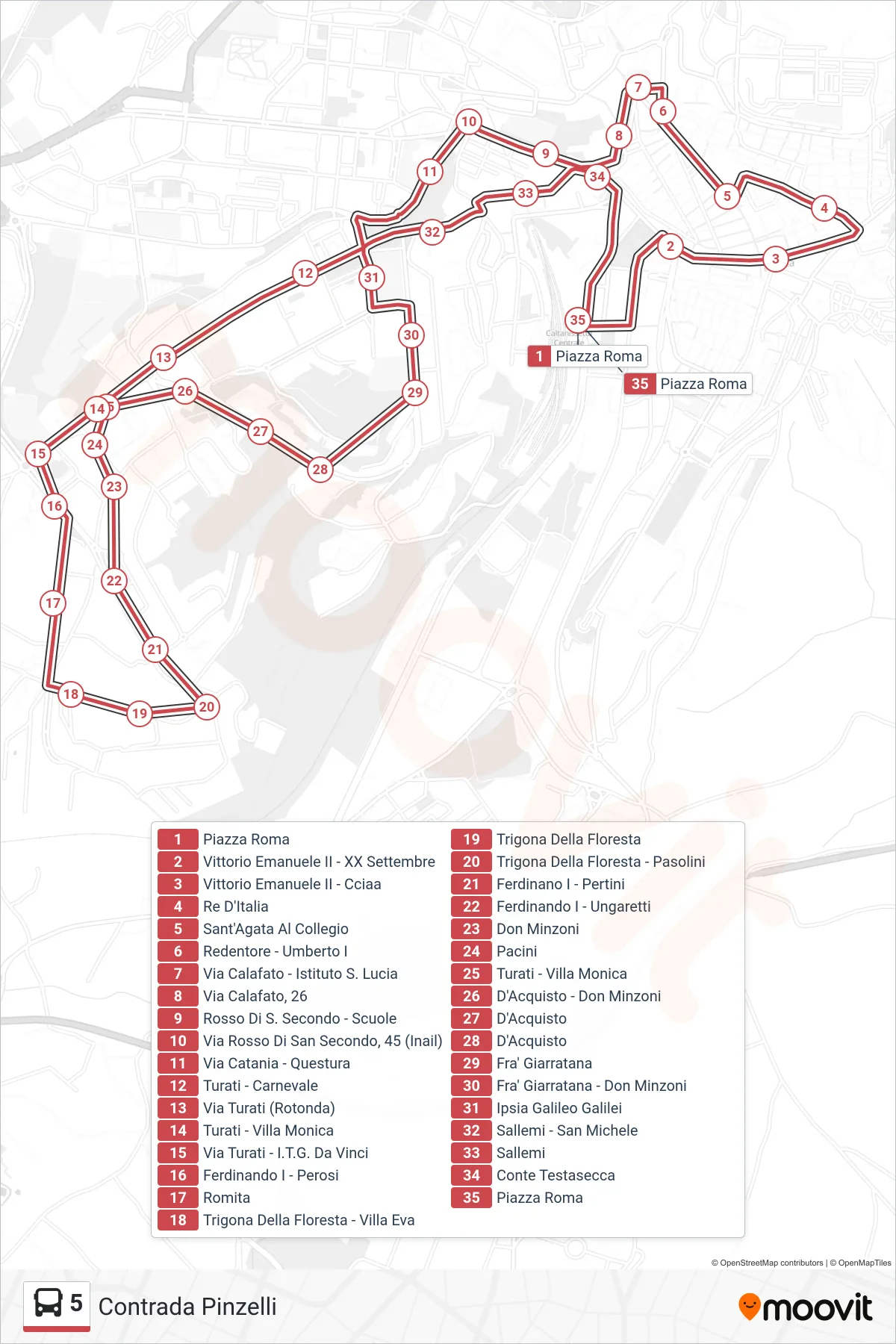 Linea 5 bus (P.za Roma → Contrada Pinzelli → P.za Roma) - Percorsi e fermate sulla mappa