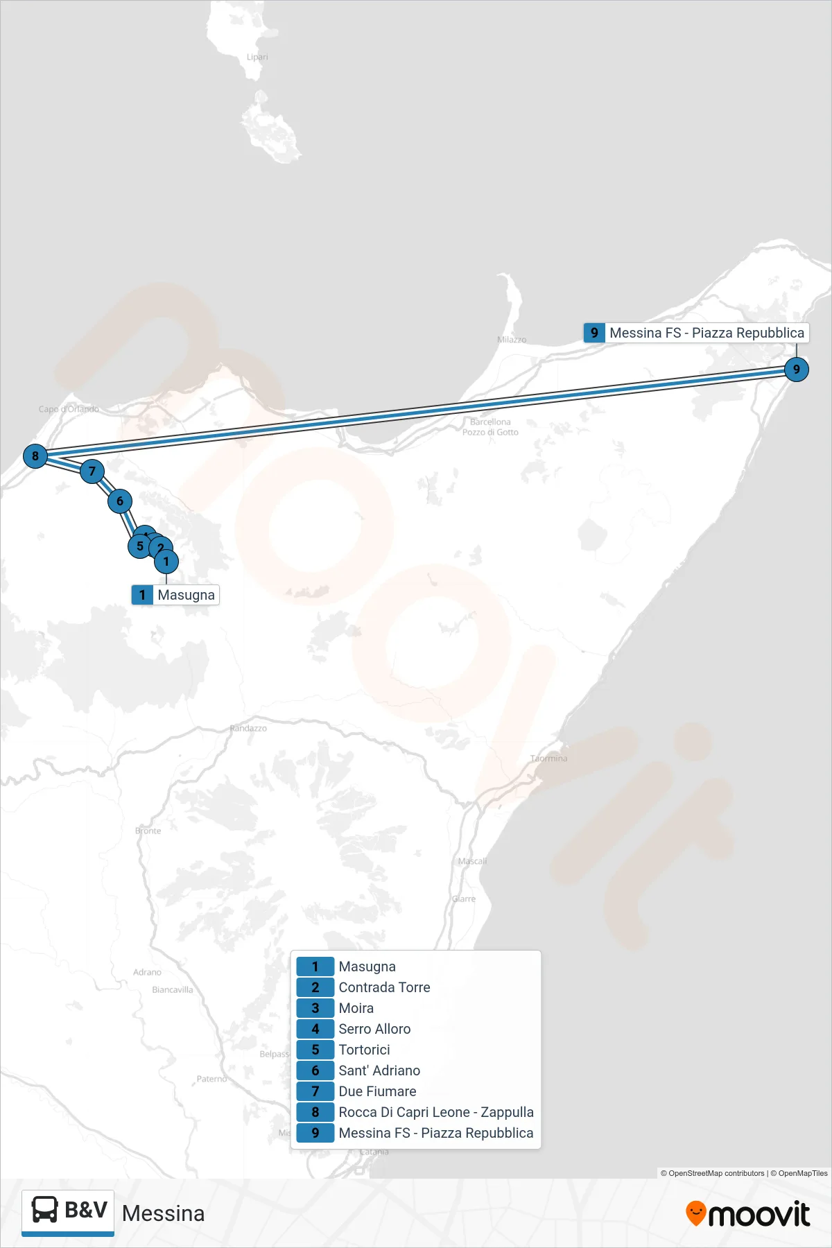Linea B&V  bus (Messina) - Percorsi e fermate sulla mappa
