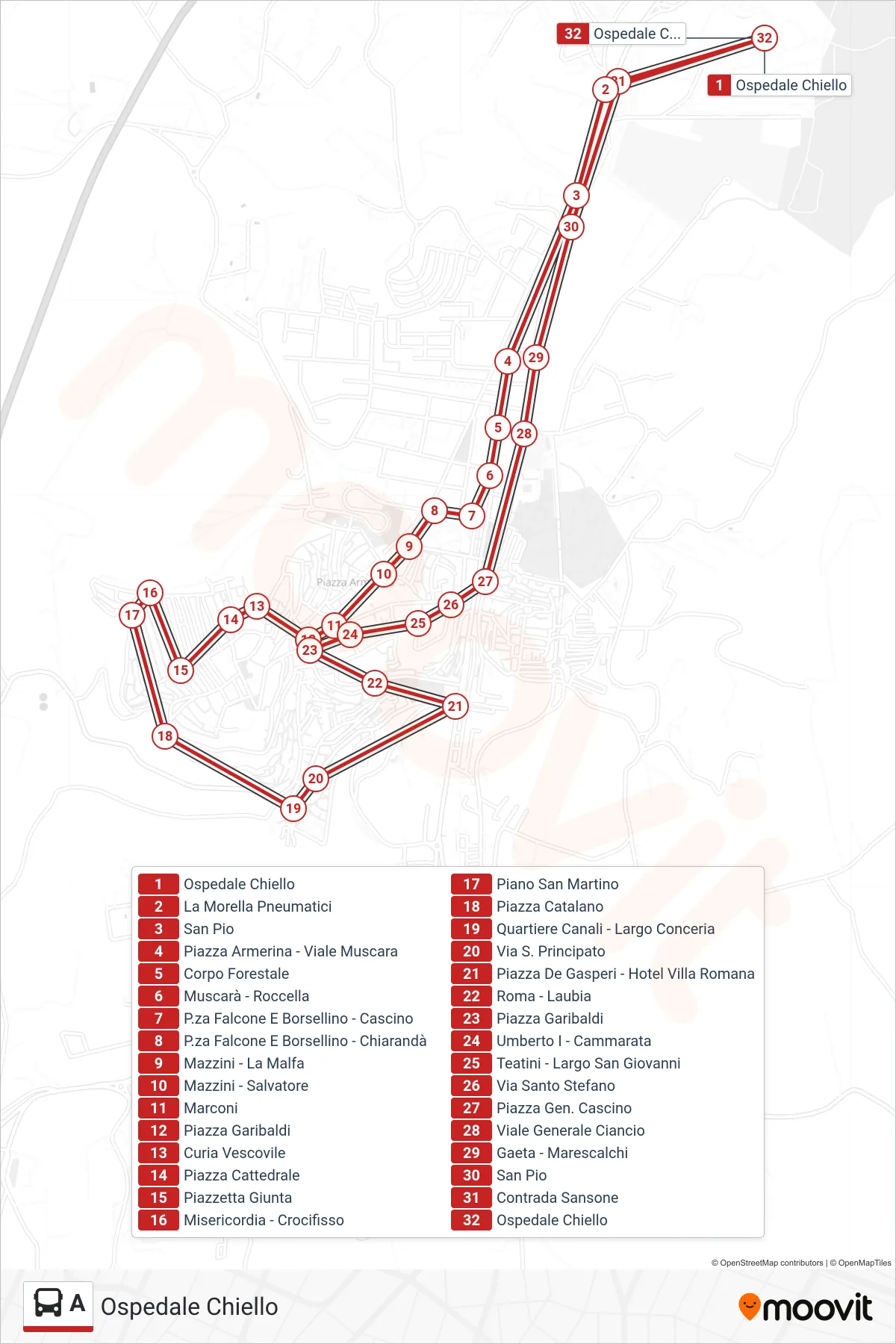 Linea A bus (Ospedale Chiello) - Percorsi e fermate sulla mappa