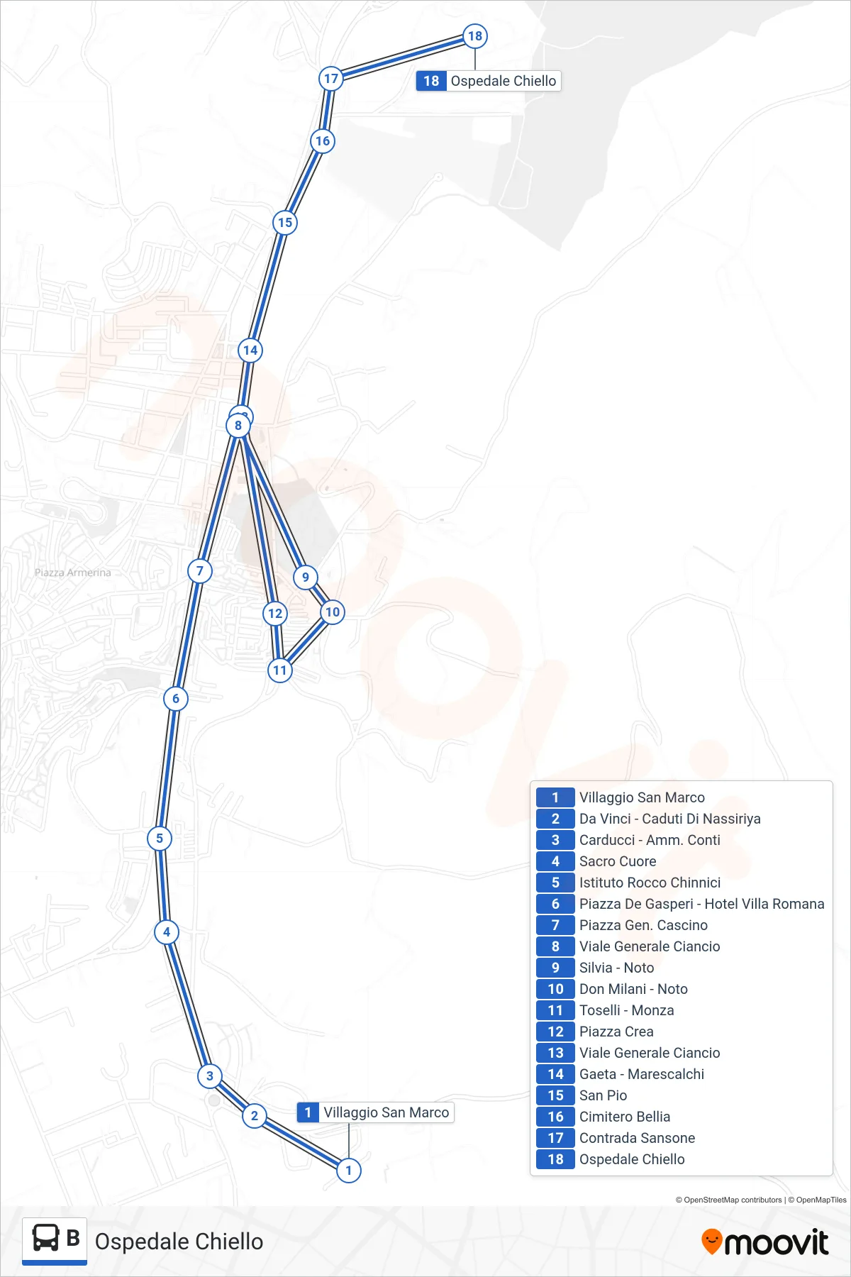 Linea B bus (Ospedale Chiello) - Percorsi e fermate sulla mappa