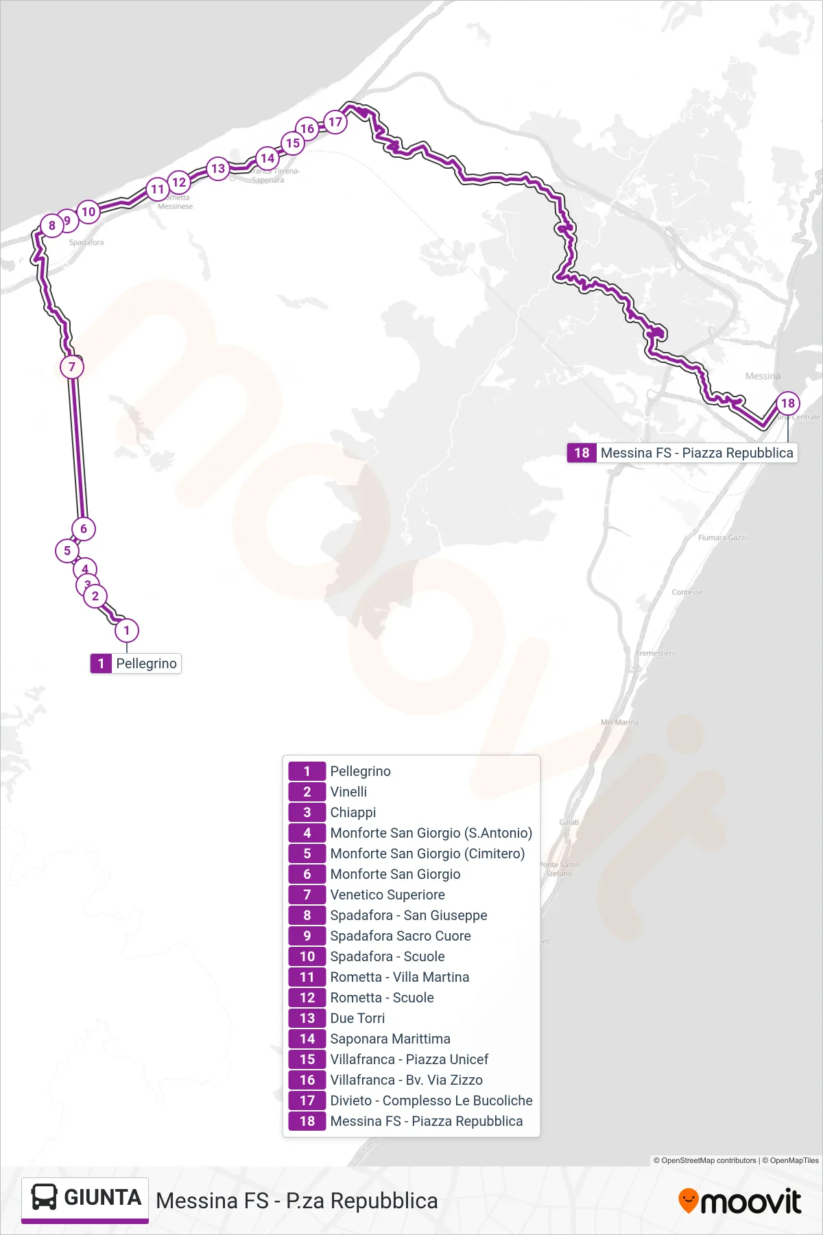 Linea GIUNTA bus (Messina FS - P.za Repubblica) - Percorsi e fermate sulla mappa