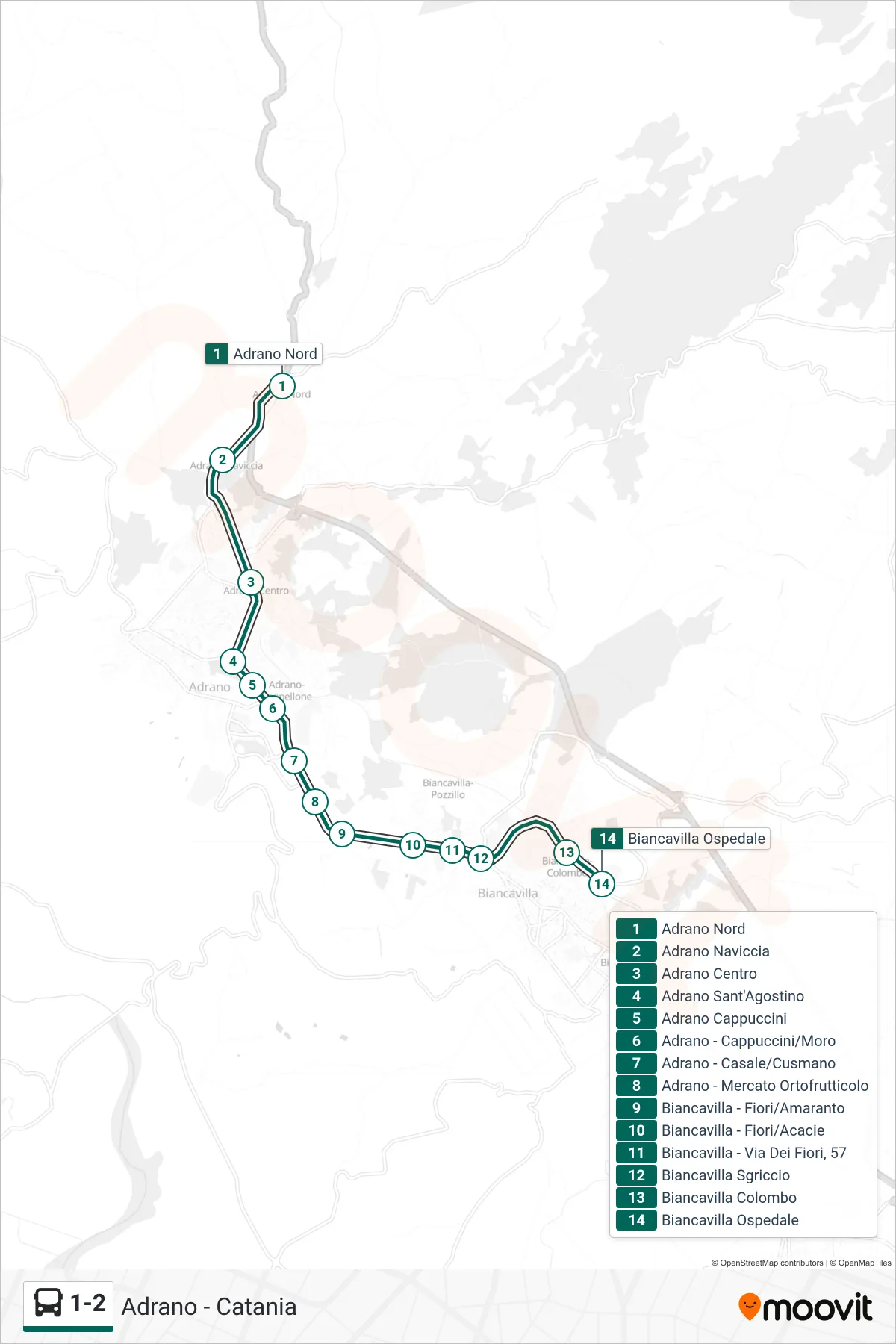 Linea 1-2 bus (Biancavilla - Ospedale) - Percorsi e fermate sulla mappa