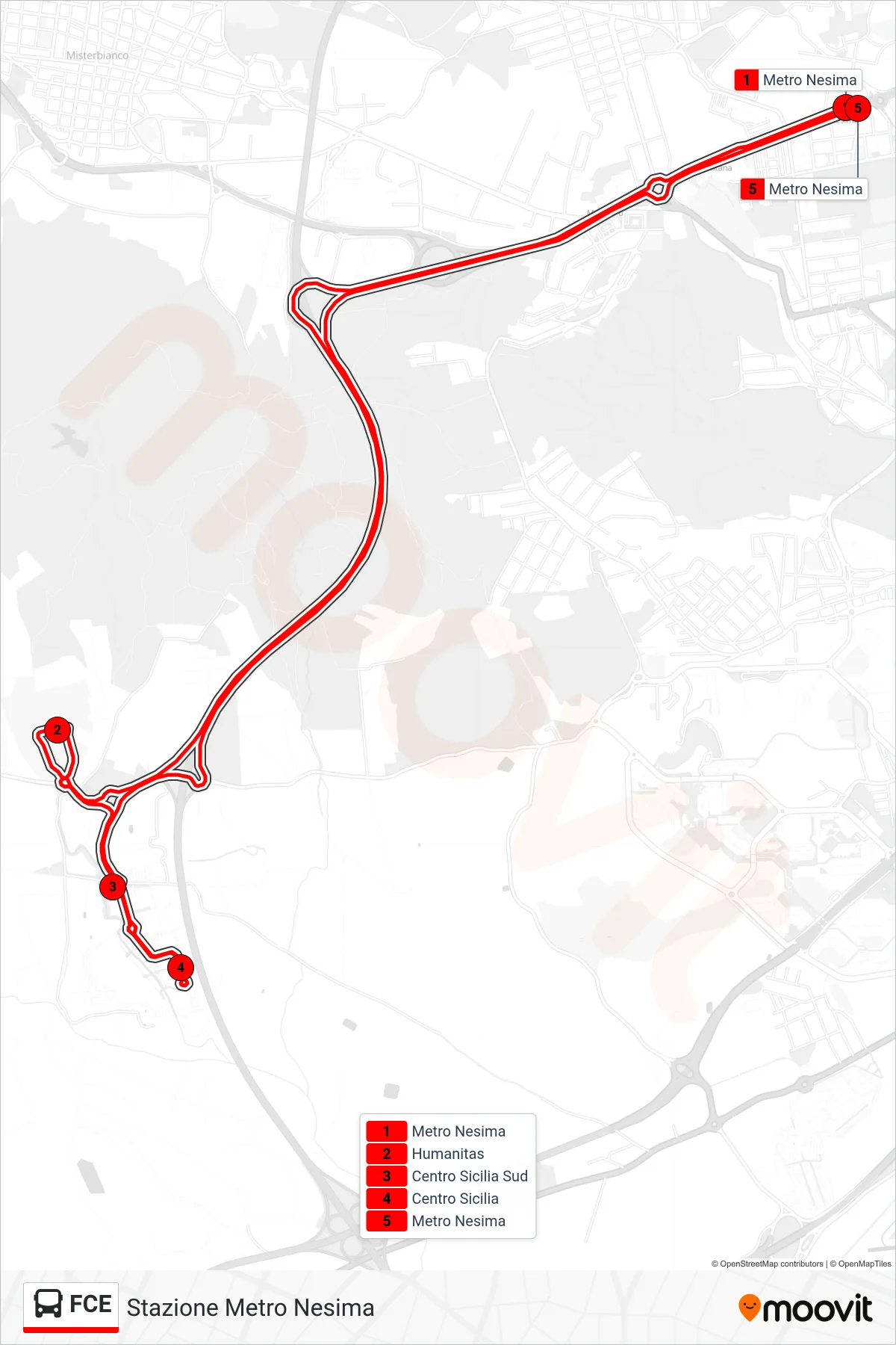 Linea FCE  bus (Stazione Metro Nesima) - Percorsi e fermate sulla mappa