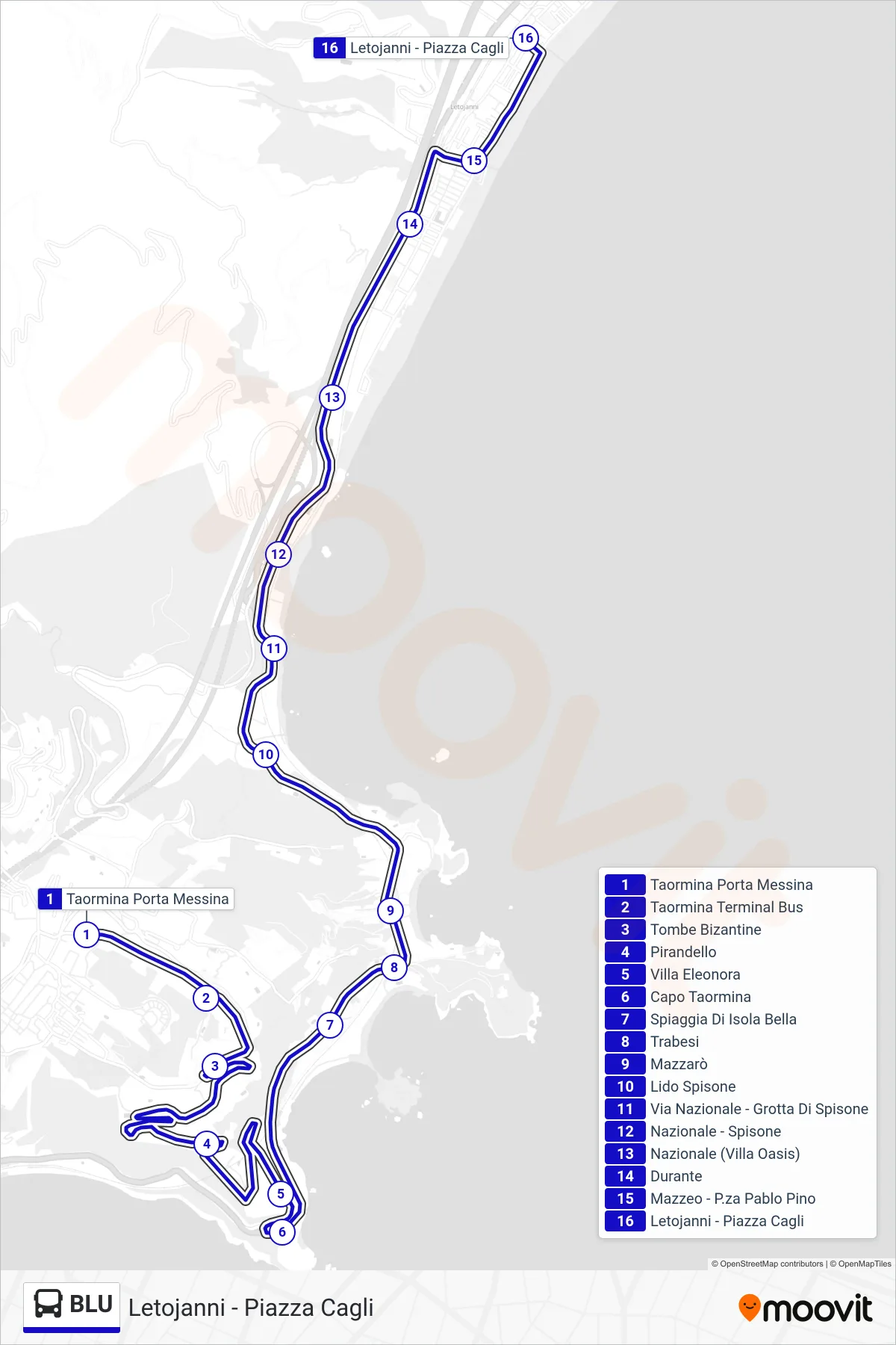 Linea BLU bus (Letojanni - Piazza Cagli) - Percorsi e fermate sulla mappa