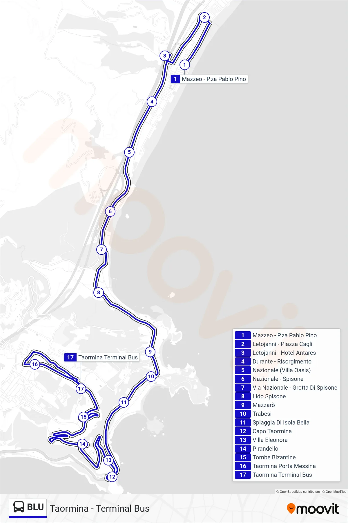 Linea BLU  bus (Taormina - Terminal Bus) - Percorsi e fermate sulla mappa