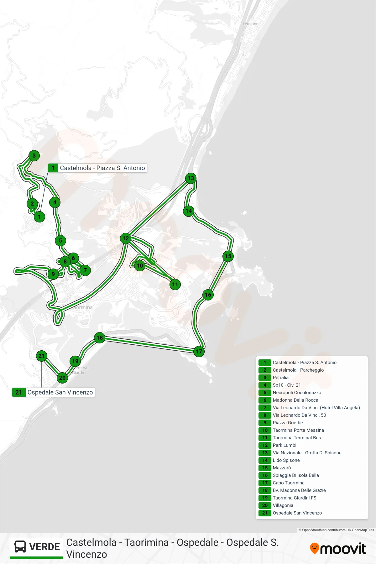 Linea VERDE bus (Ospedale San Vincenzo) - Percorsi e fermate sulla mappa