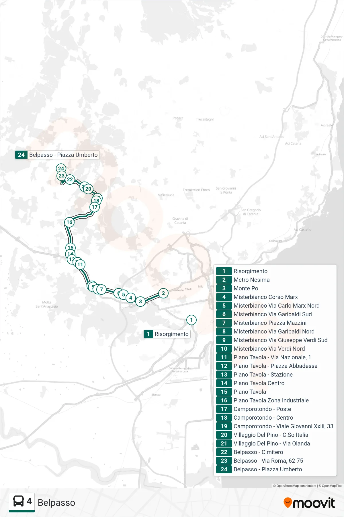 Linea 4 bus (Belpasso) - Percorsi e fermate sulla mappa