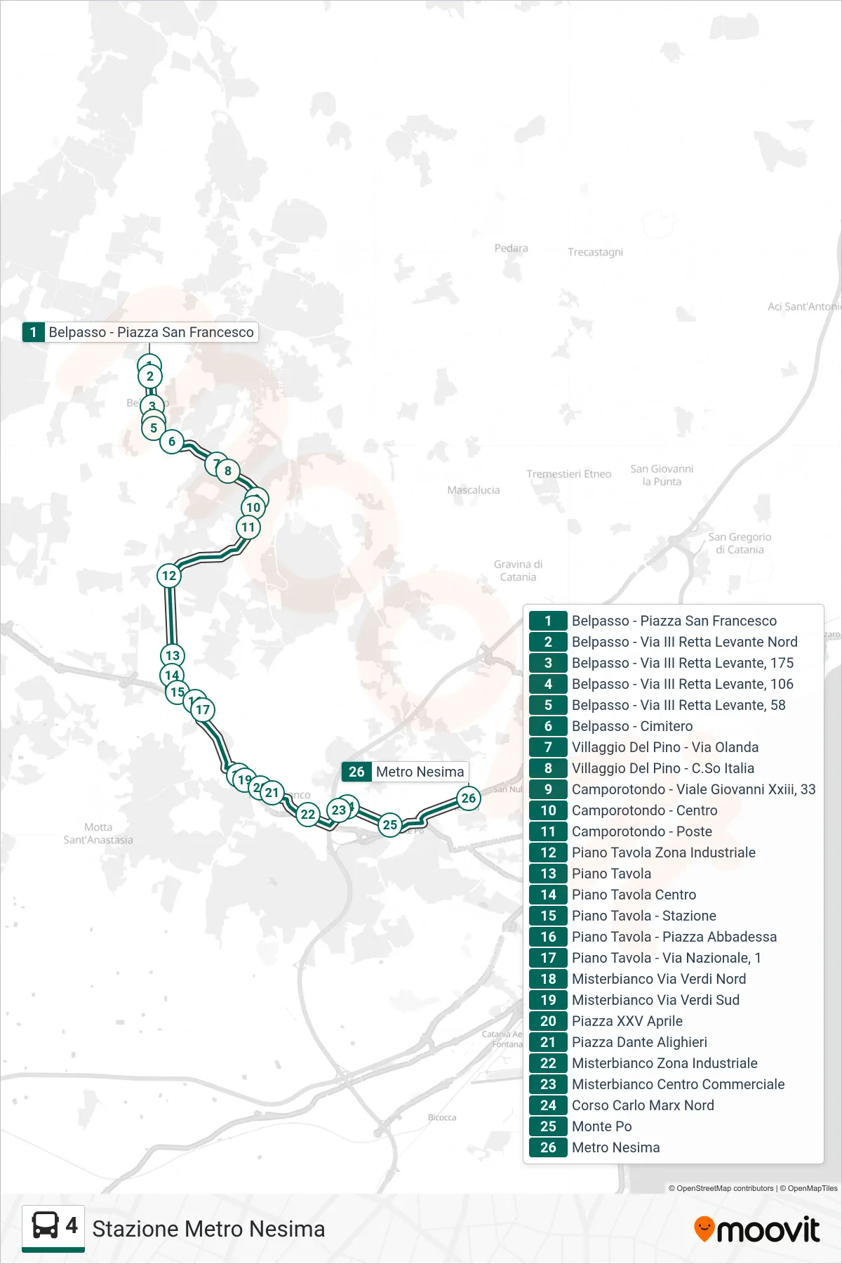 Linea 4 bus (Stazione Metro Nesima) - Percorsi e fermate sulla mappa