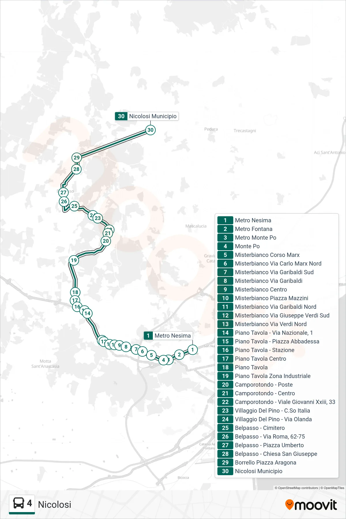 Linea 4  bus (Nicolosi) - Percorsi e fermate sulla mappa