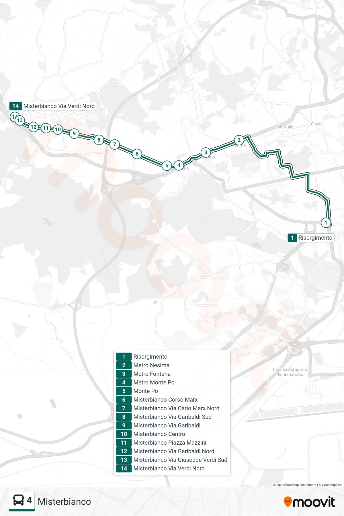 Linea 4  bus (Misterbianco) - Percorsi e fermate sulla mappa