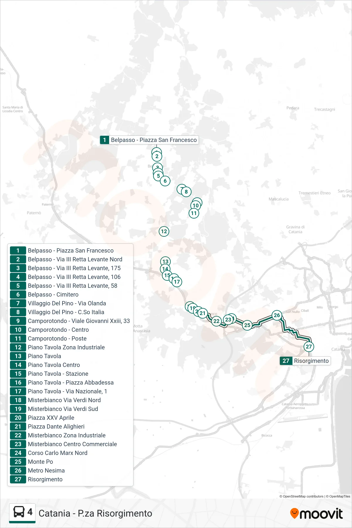 Linea 4 bus (Catania - P.za Risorgimento) - Percorsi e fermate sulla mappa