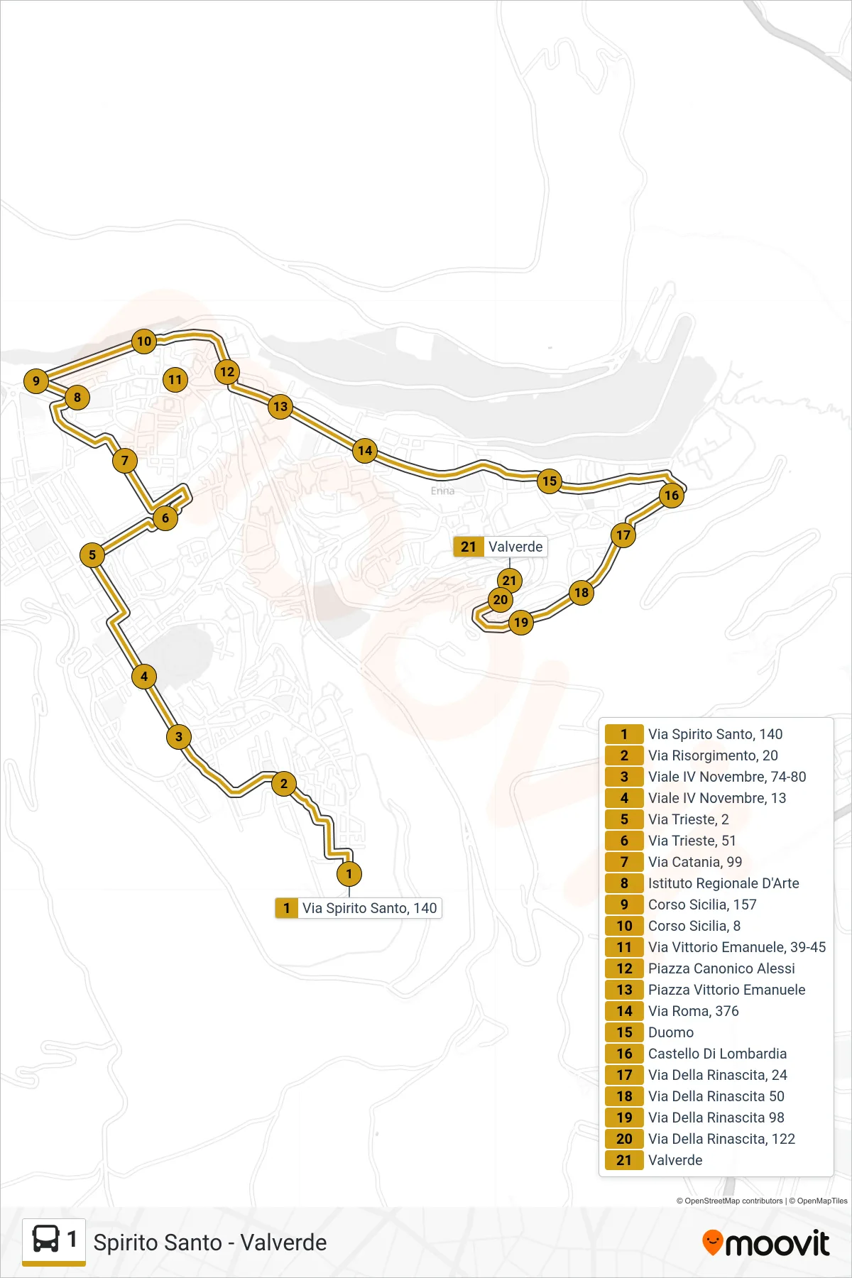 Linea 1 bus (Valverde) - Percorsi e fermate sulla mappa