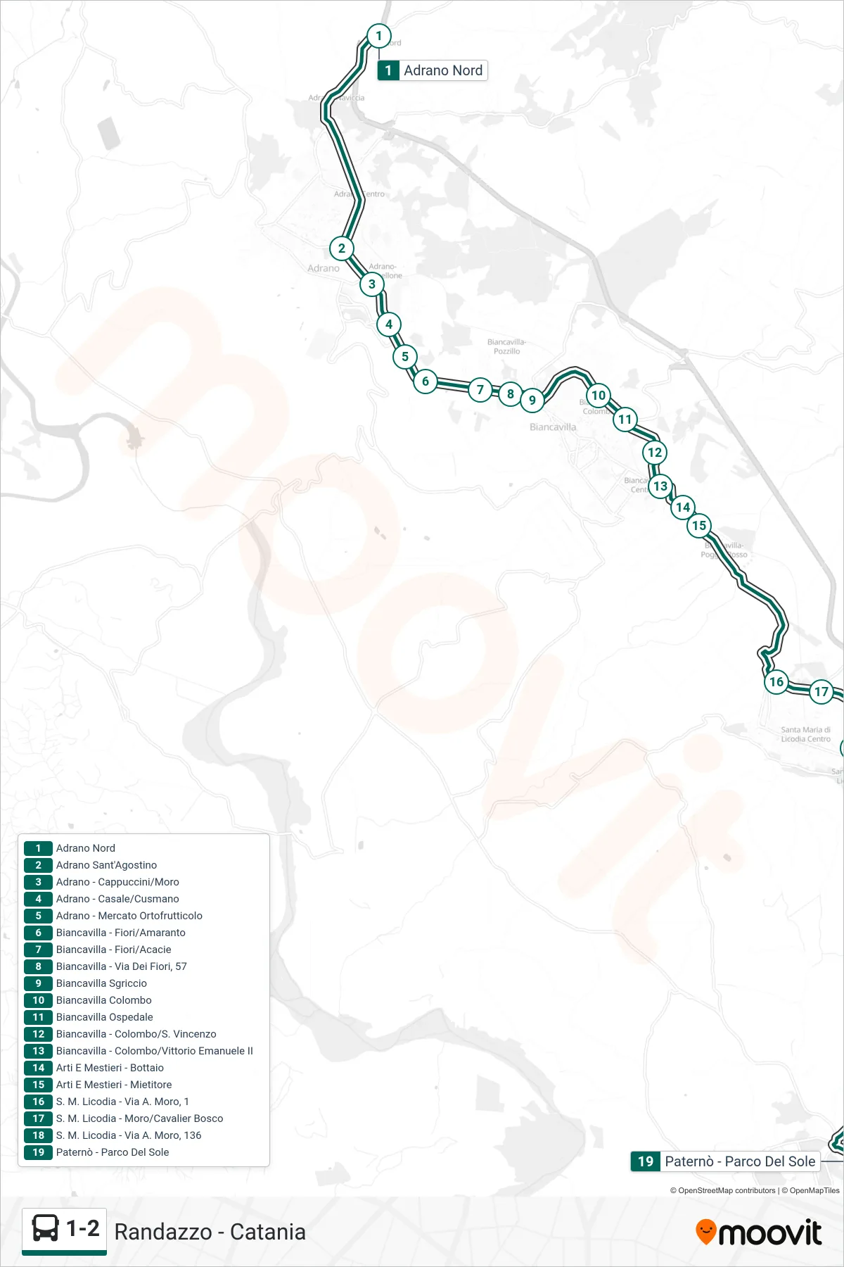 1-2 bus Line (Paterno - Sun Park) route and stops on a map