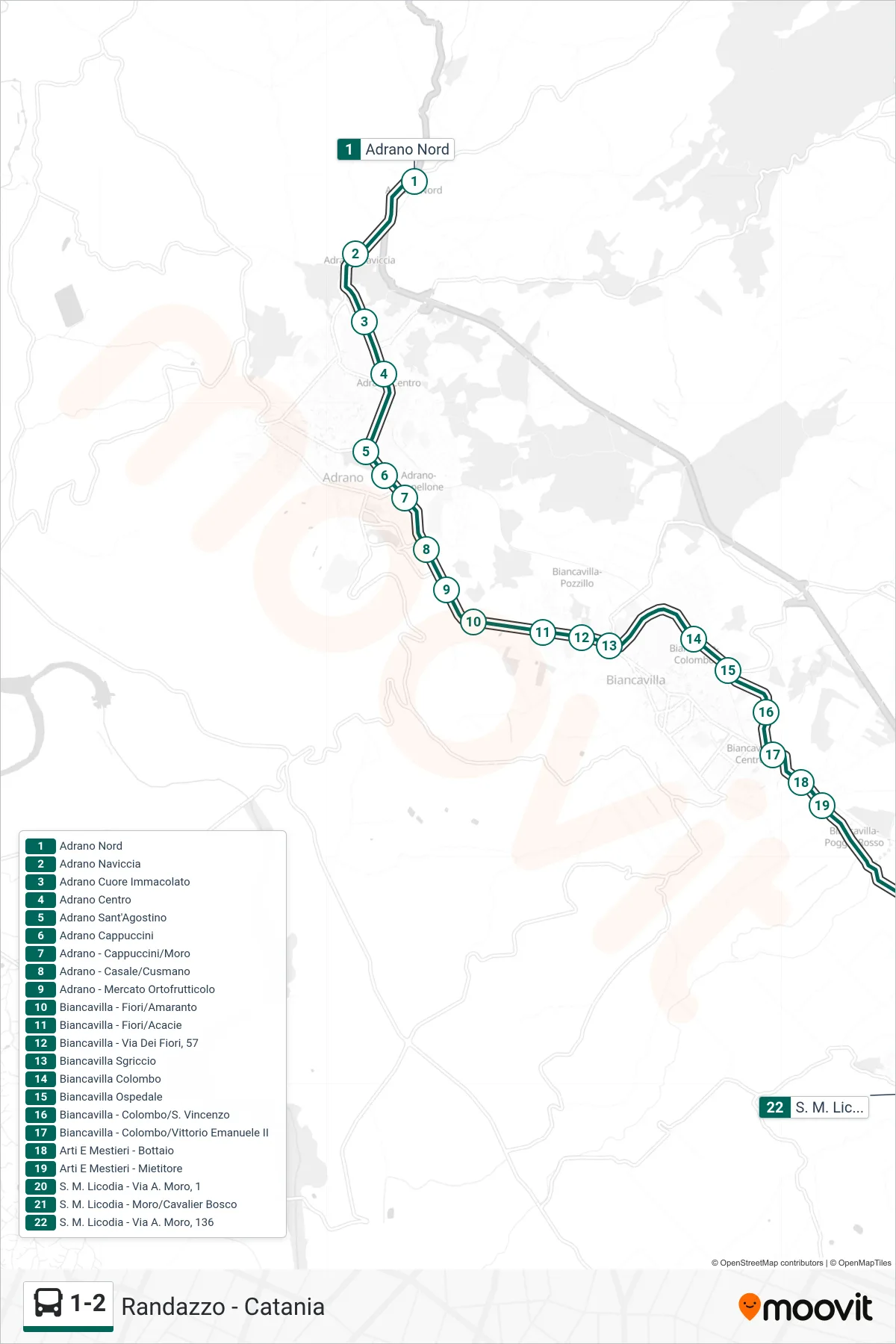 1-2 bus Line (St. M. Licodia) route and stops on a map