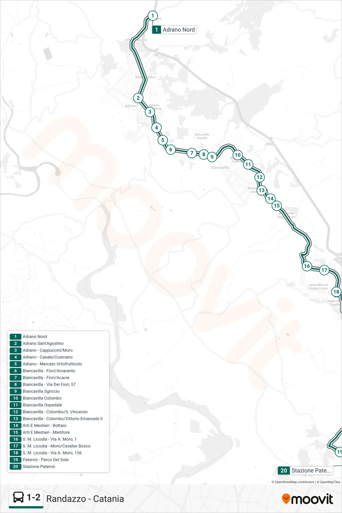 Linea 1-2 bus (Paternò - Stazione Fce) - Percorsi e fermate sulla mappa