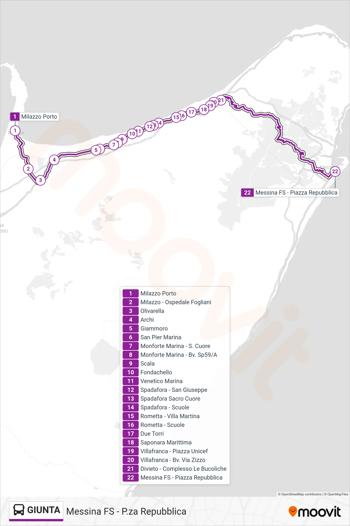 Linea GIUNTA bus (Messina FS - P.za Repubblica) - Percorsi e fermate sulla mappa