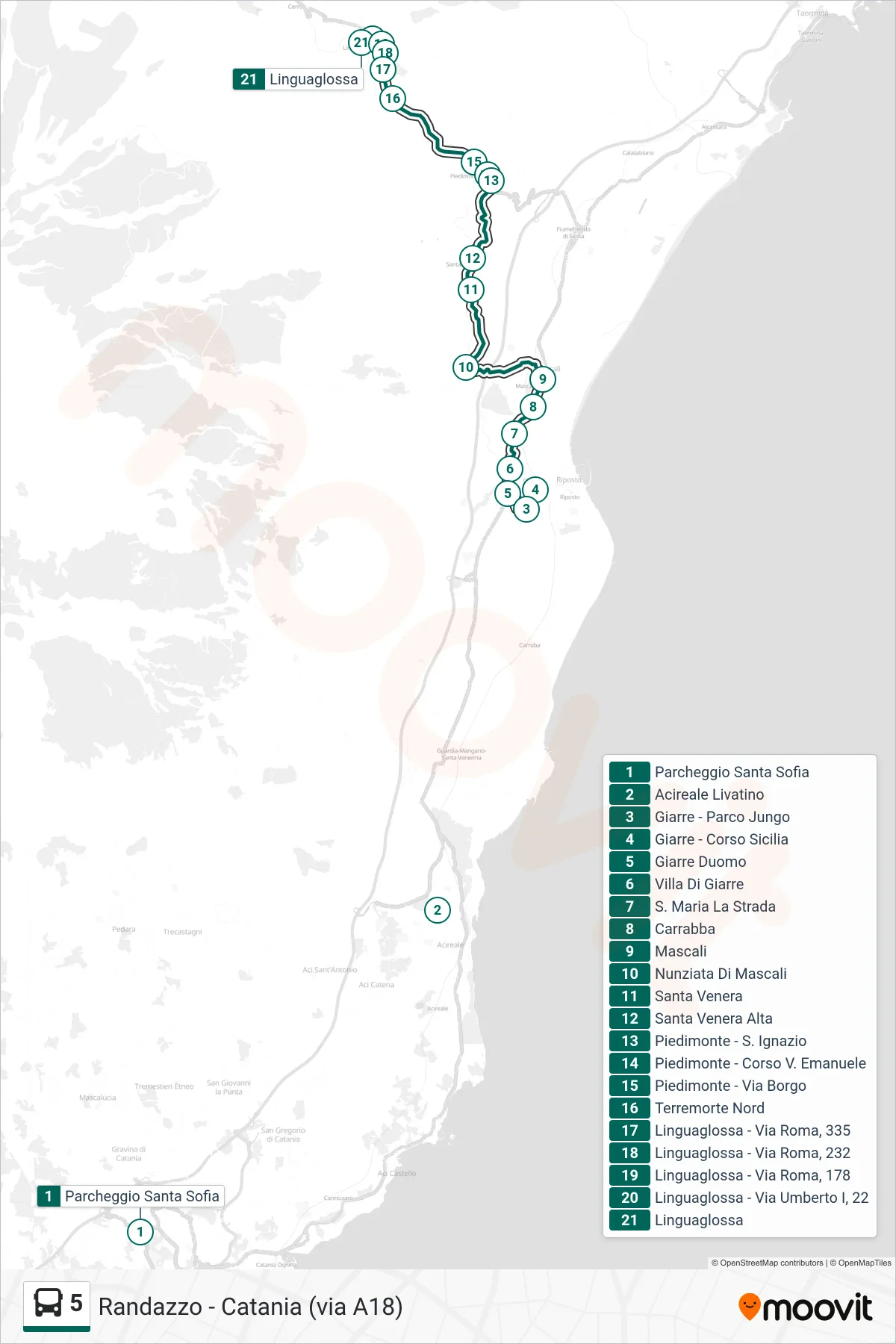 Linea 5 bus (Linguaglossa) - Percorsi e fermate sulla mappa