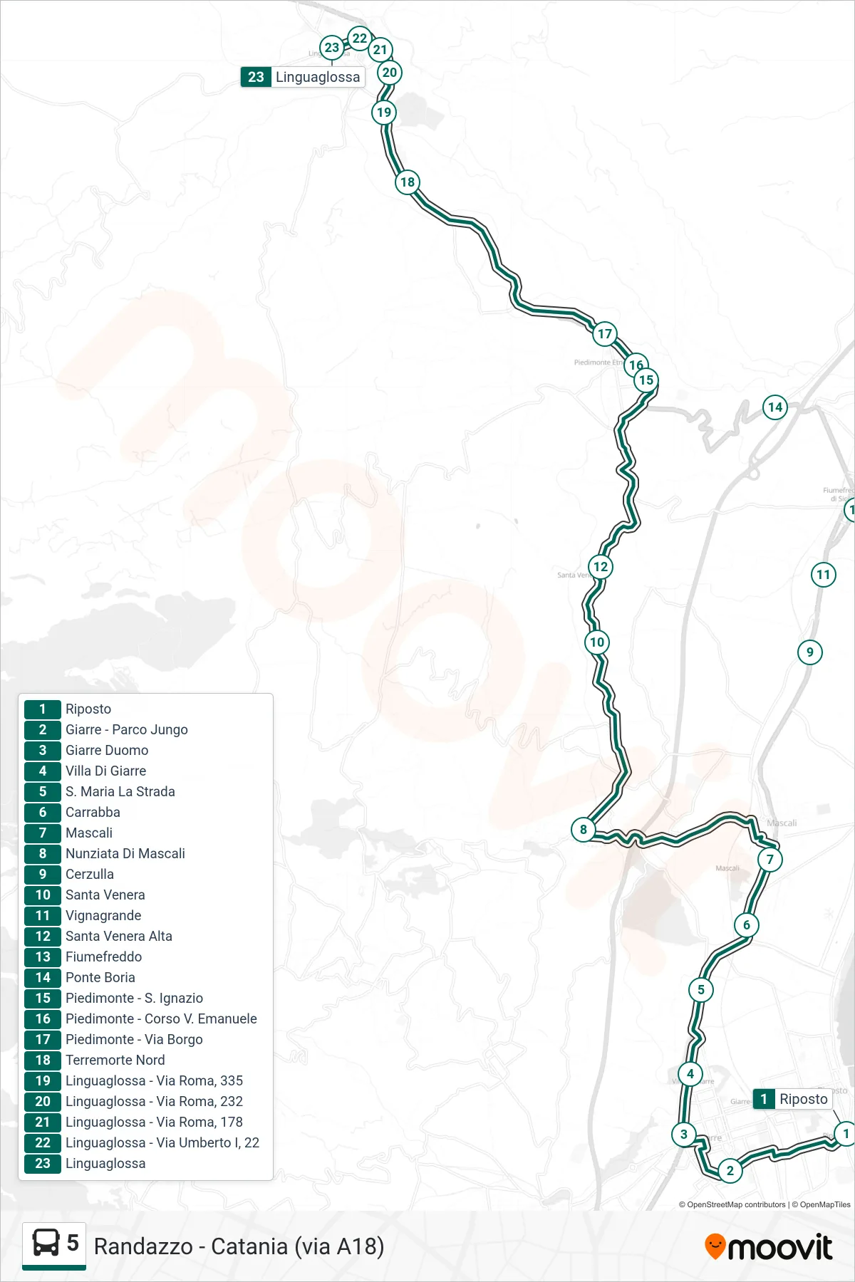 Linea 5 bus (Linguaglossa) - Percorsi e fermate sulla mappa